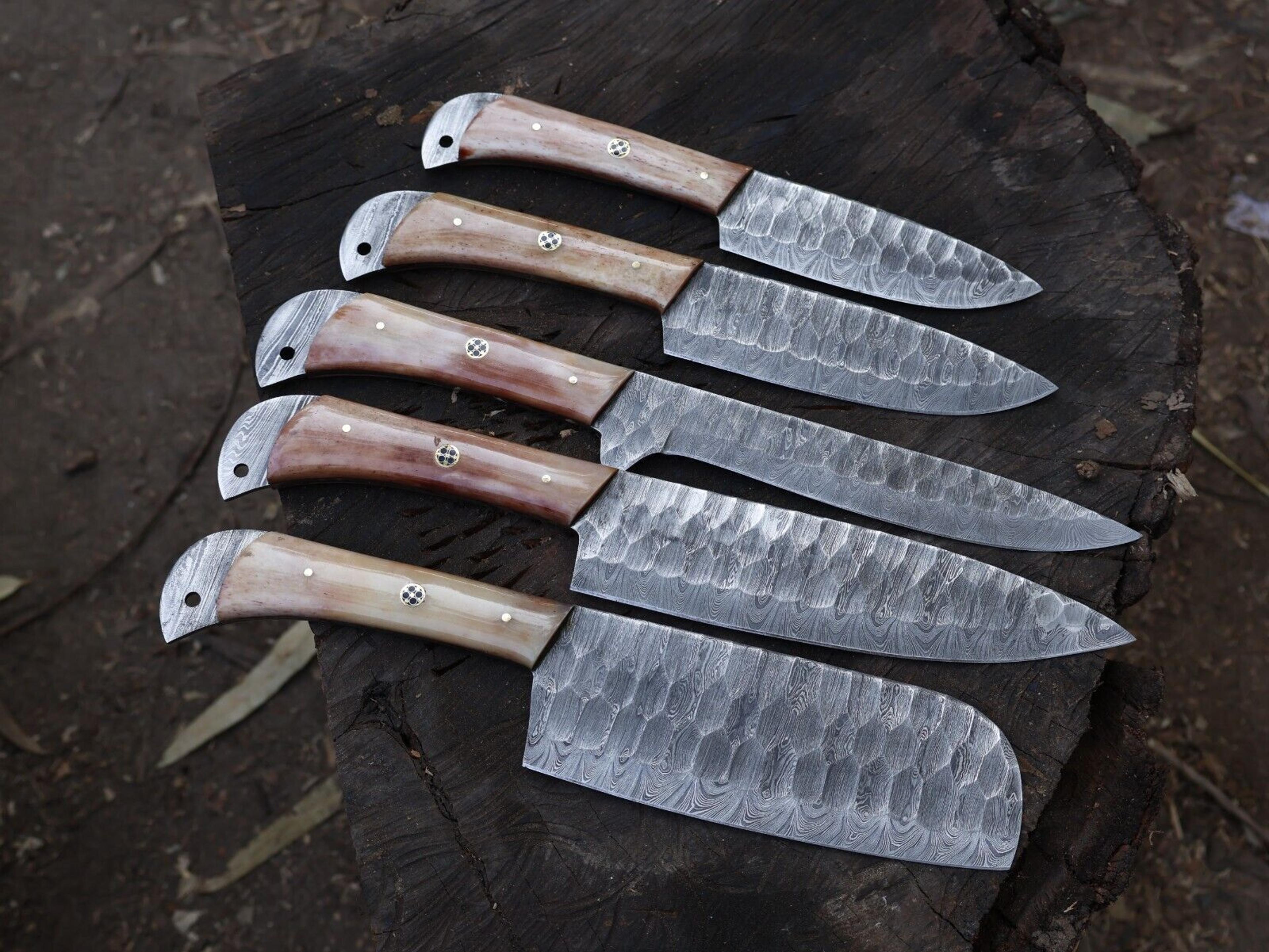 exclusive damascus steel chef knife collection | handmade 5pcs kitchen set