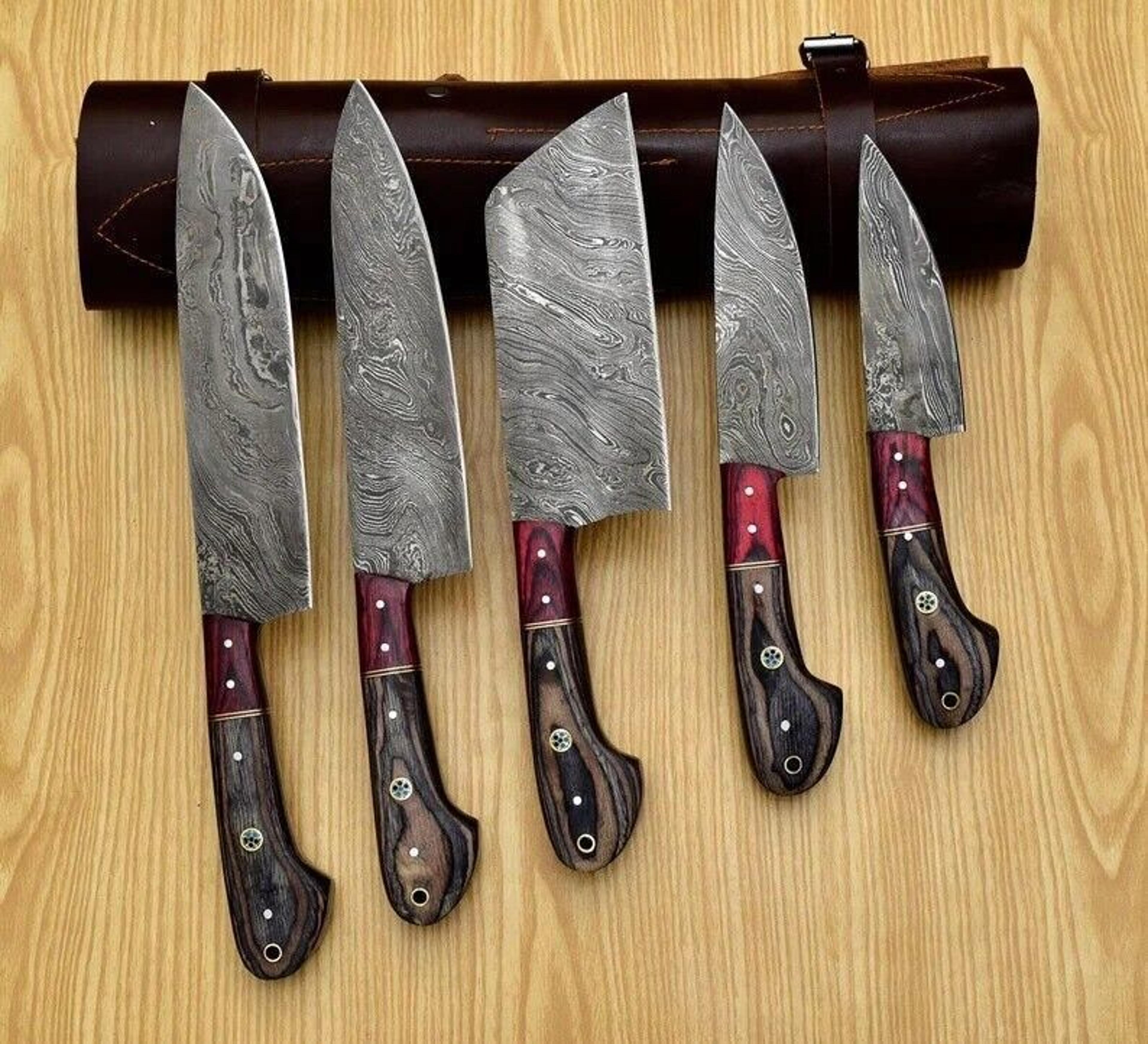 handcrafted damascus steel chef knives set | premium 5pcs kitchen blades