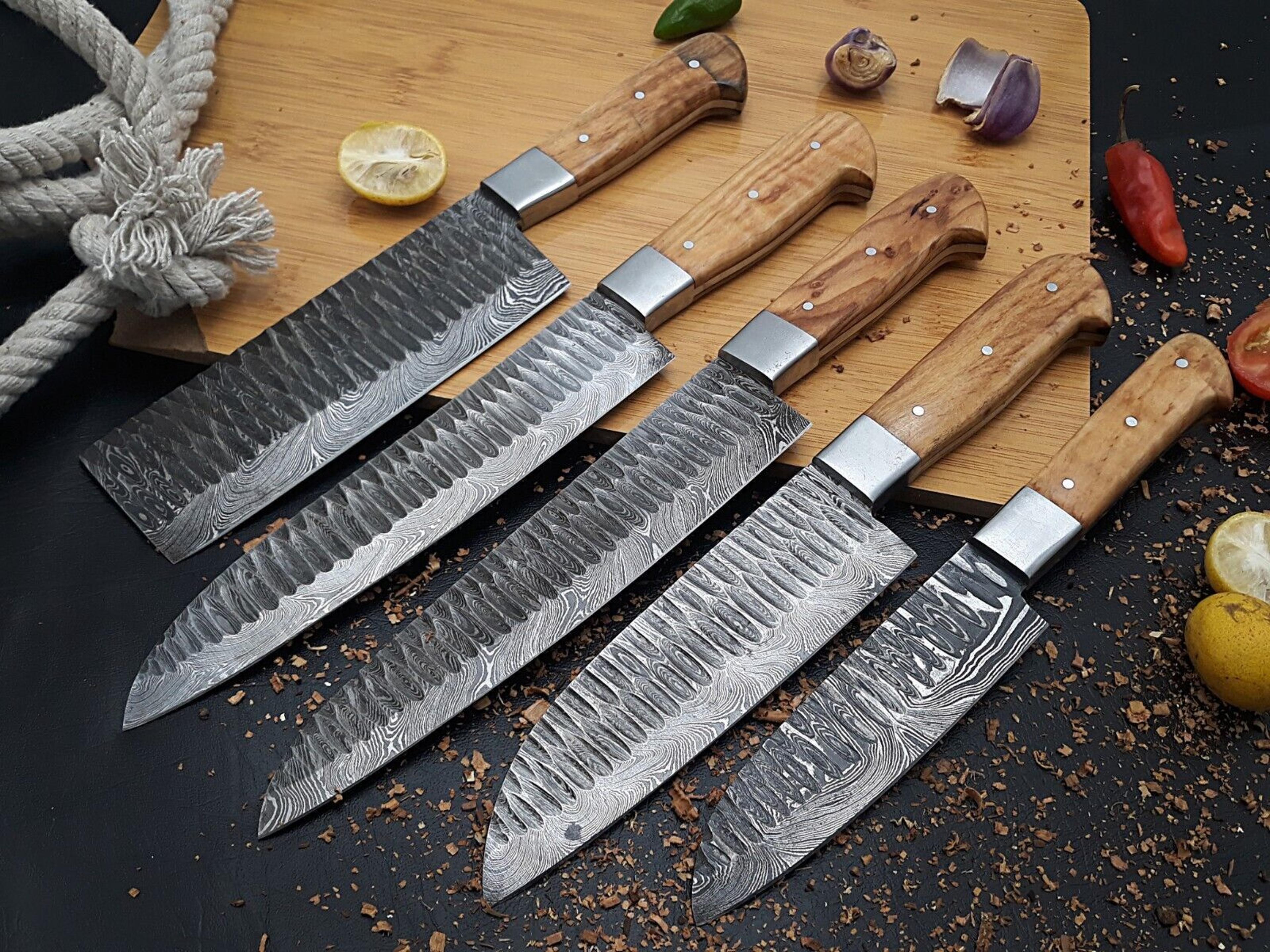 authentic forged damascus steel knife set | 5pcs professional chef knives