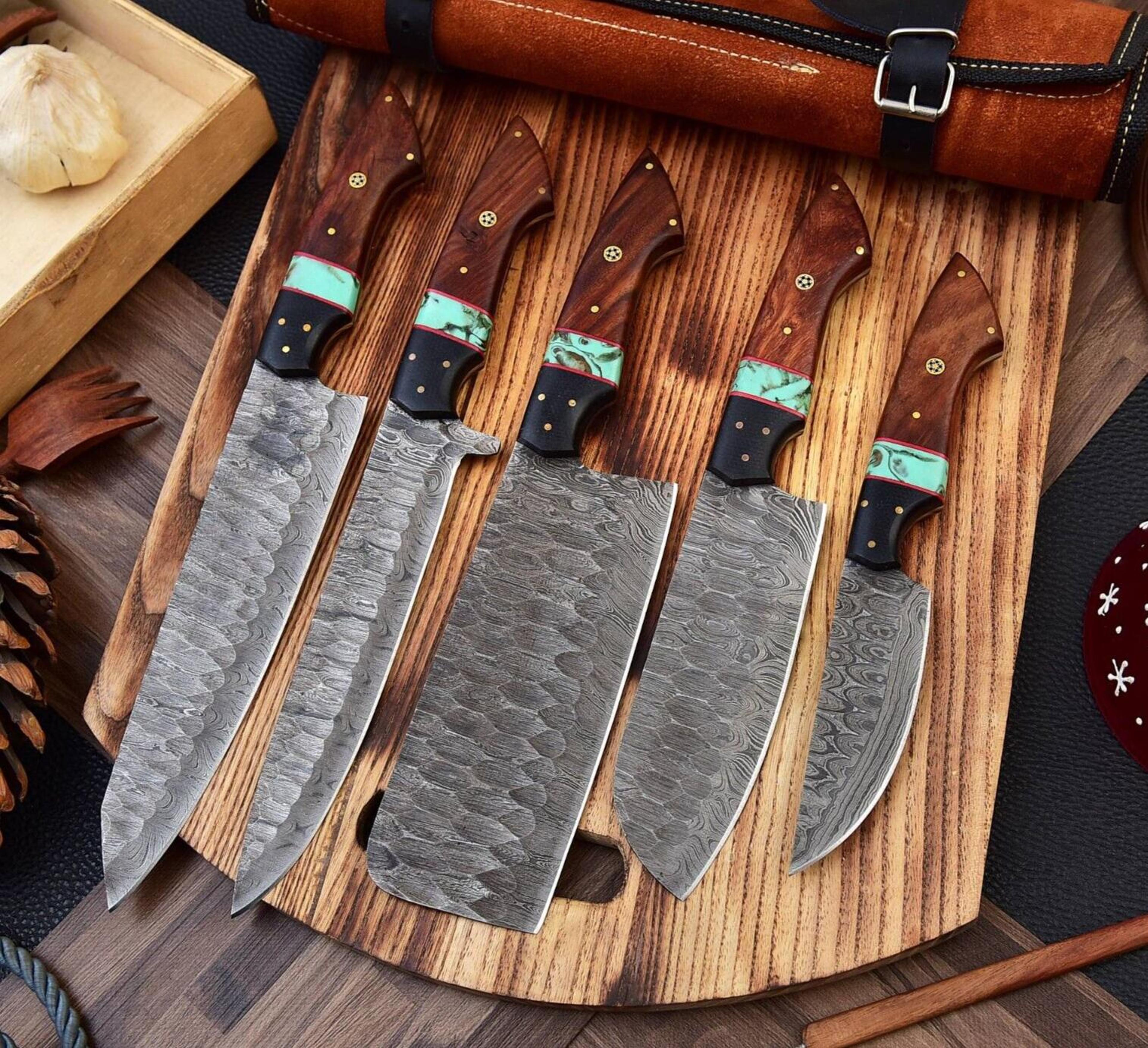 custom handmade damascus steel knife set | 5pcs professional kitchen cutlery