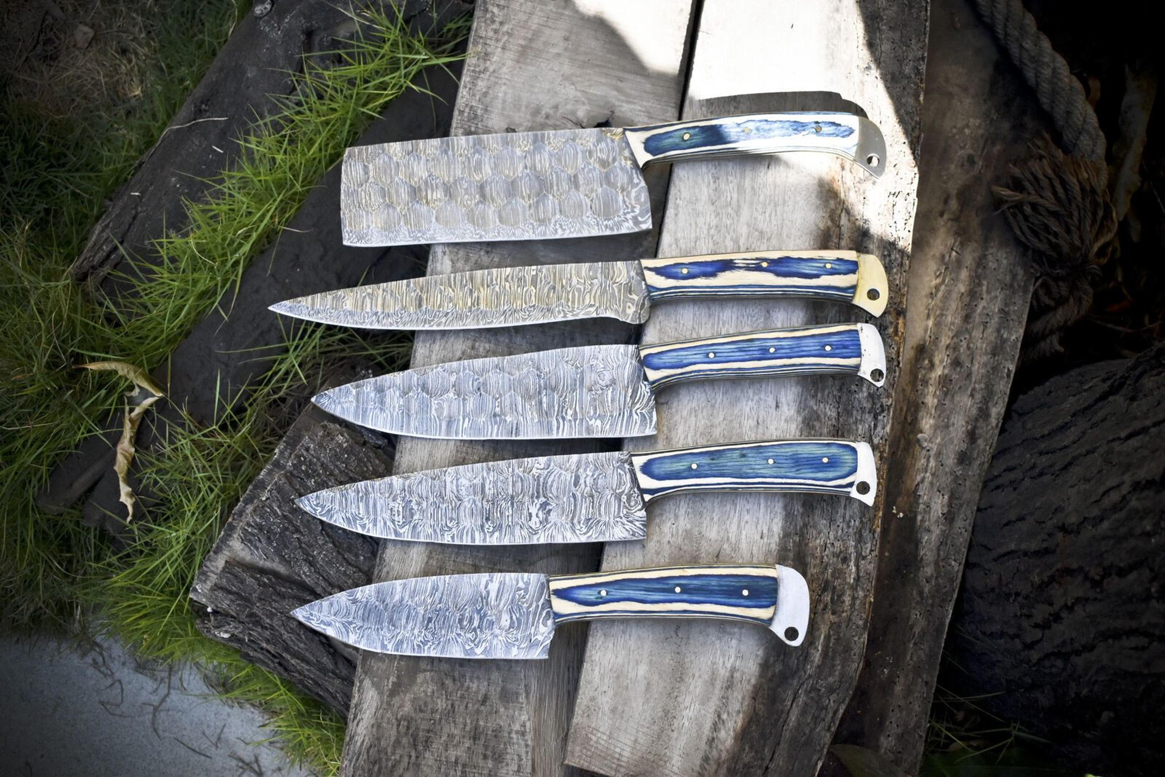 damascus steel forged chef knife set | 5pcs handmade kitchen masterpiece
