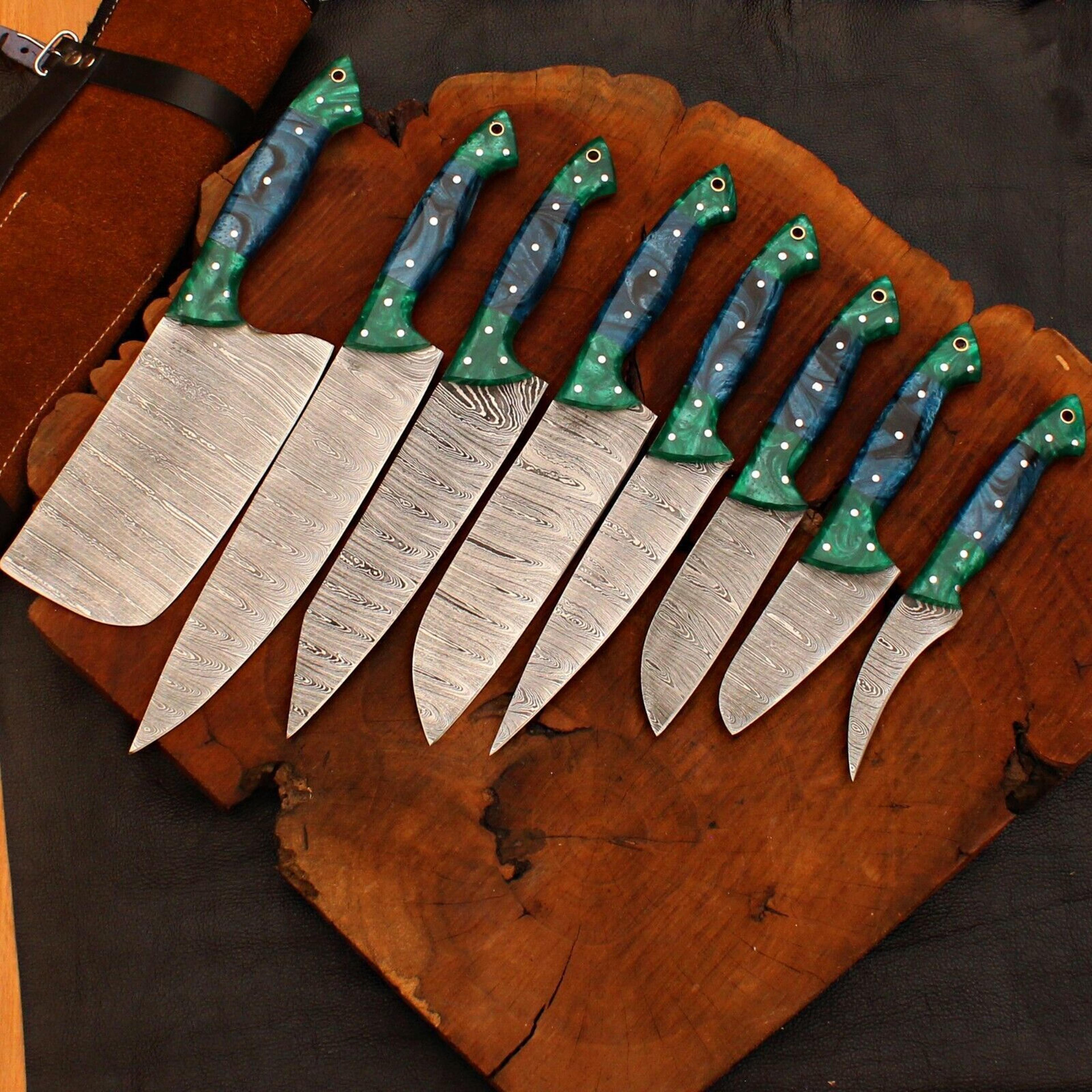 damascus steel chef knife set of 8 | handmade forged kitchen collection