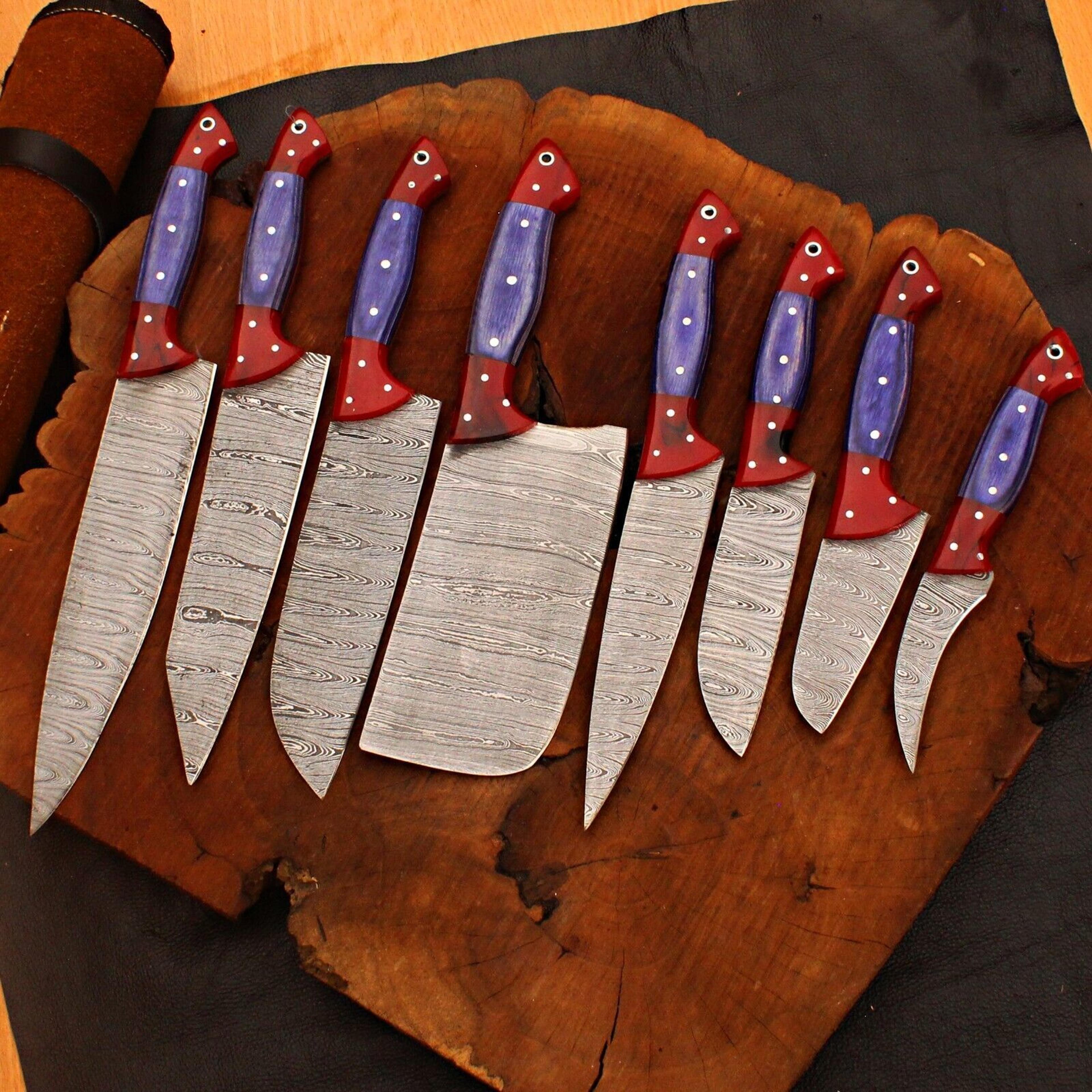 complete 8 pc handmade damascus kitchen knife set with sheath