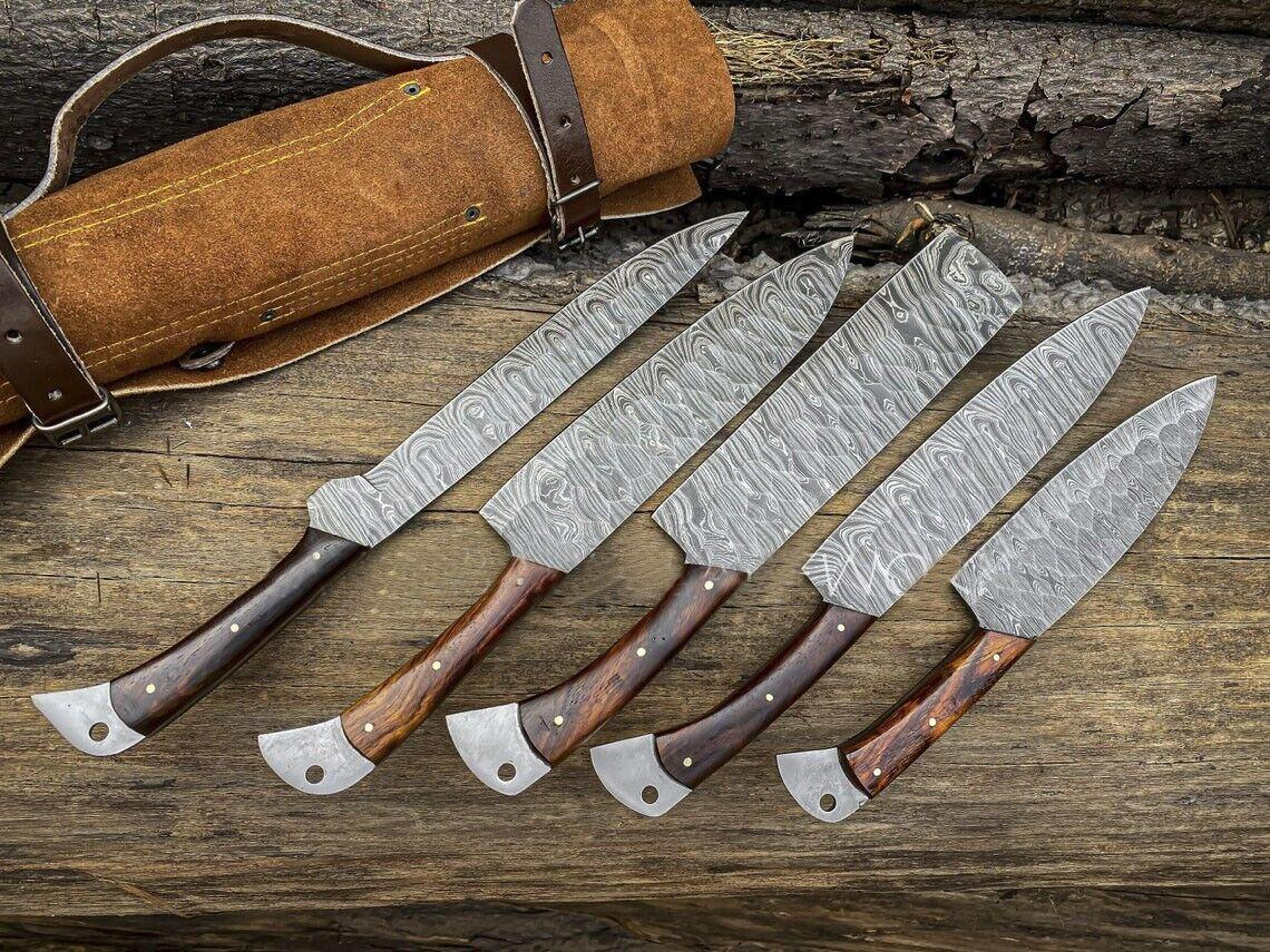 authentic forged damascus steel chef knife collection with wooden handles