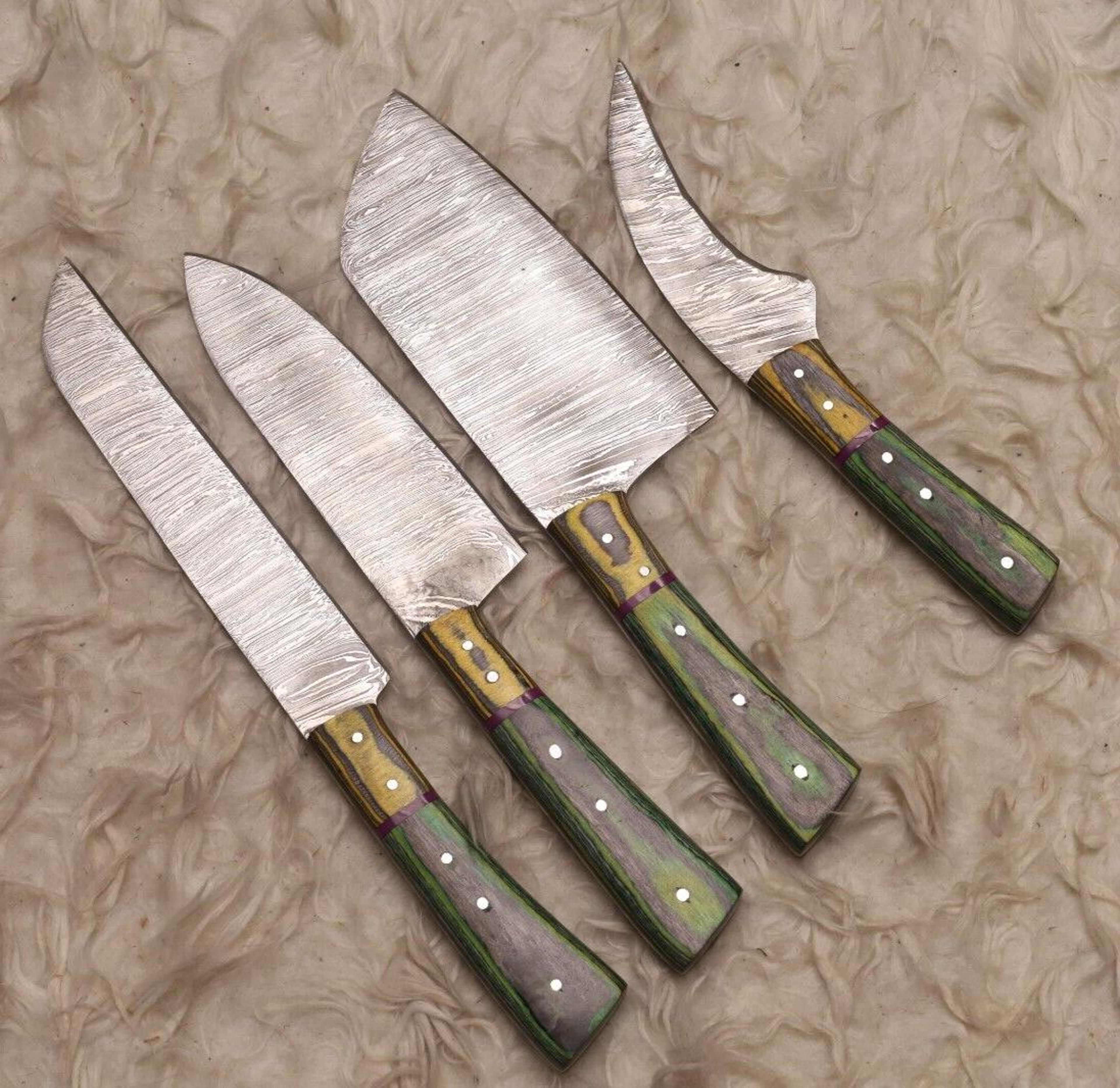 4pc damascus steel chef knife bundle | wood handle handmade set