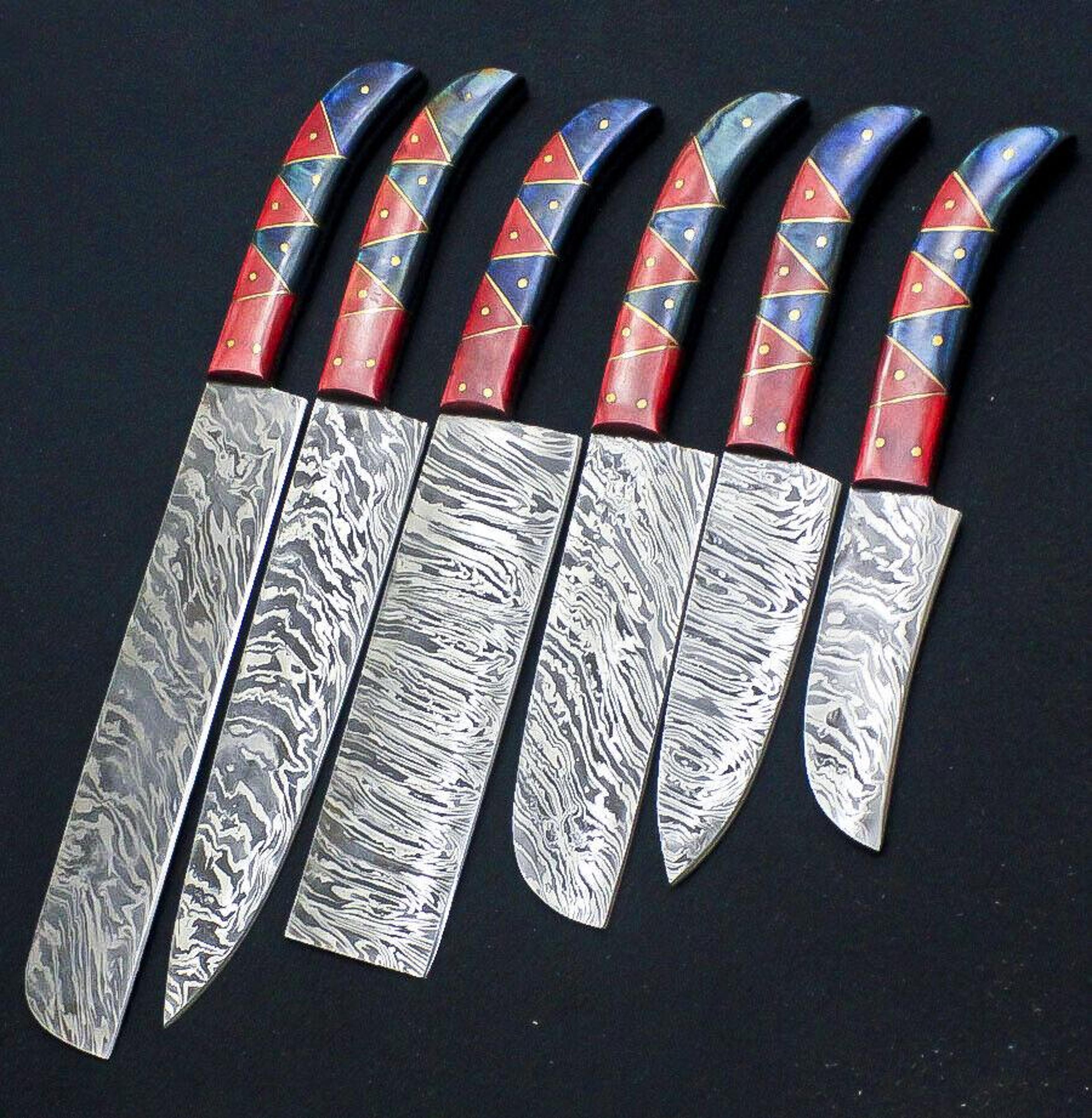 handmade damascus steel 6pcs chef knife set | engraved bone handle bbq kitchen knives with leather roll bag