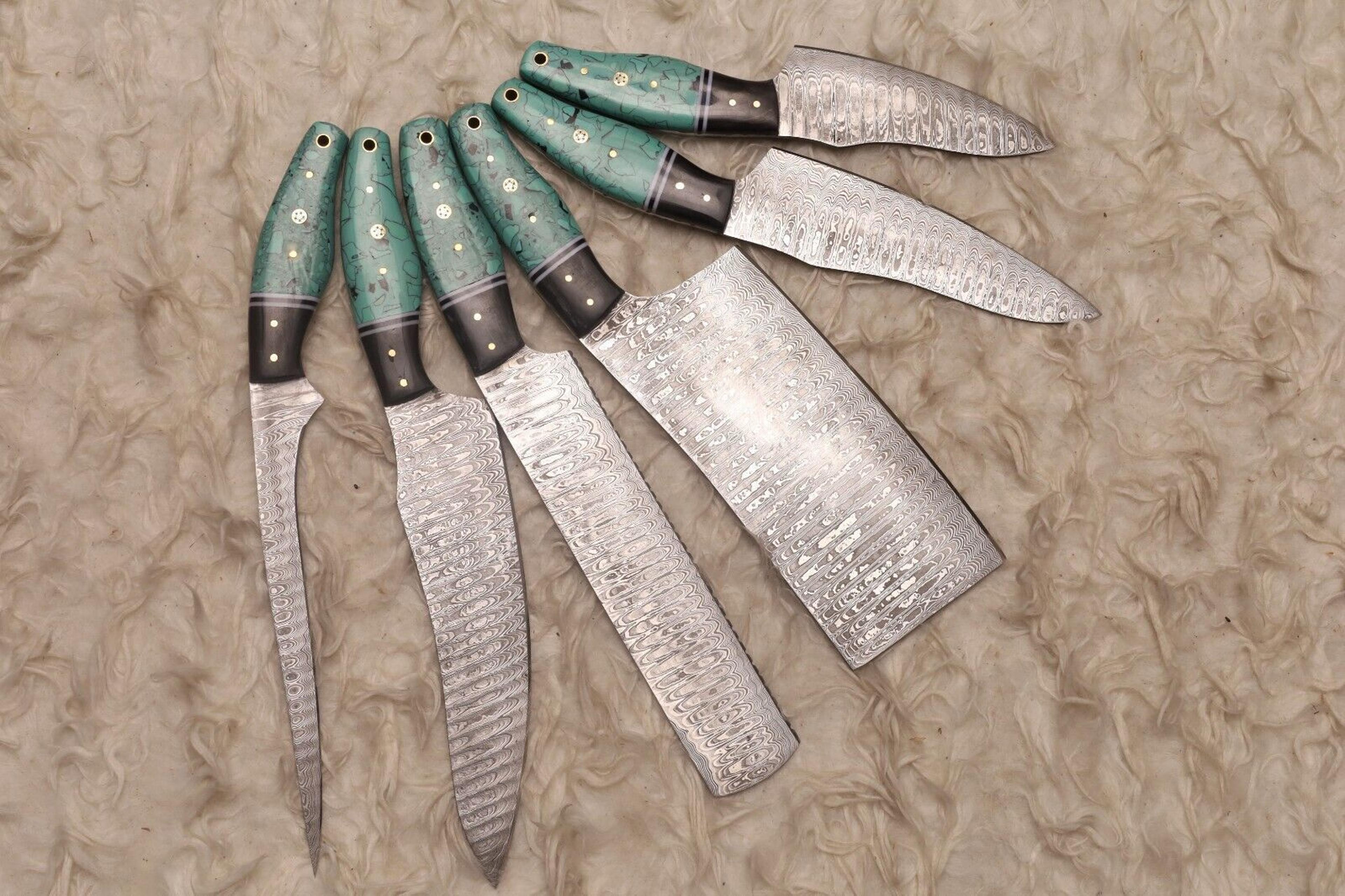 professional damascus chef knife set of 6 | engraved bone handle kitchen knives
