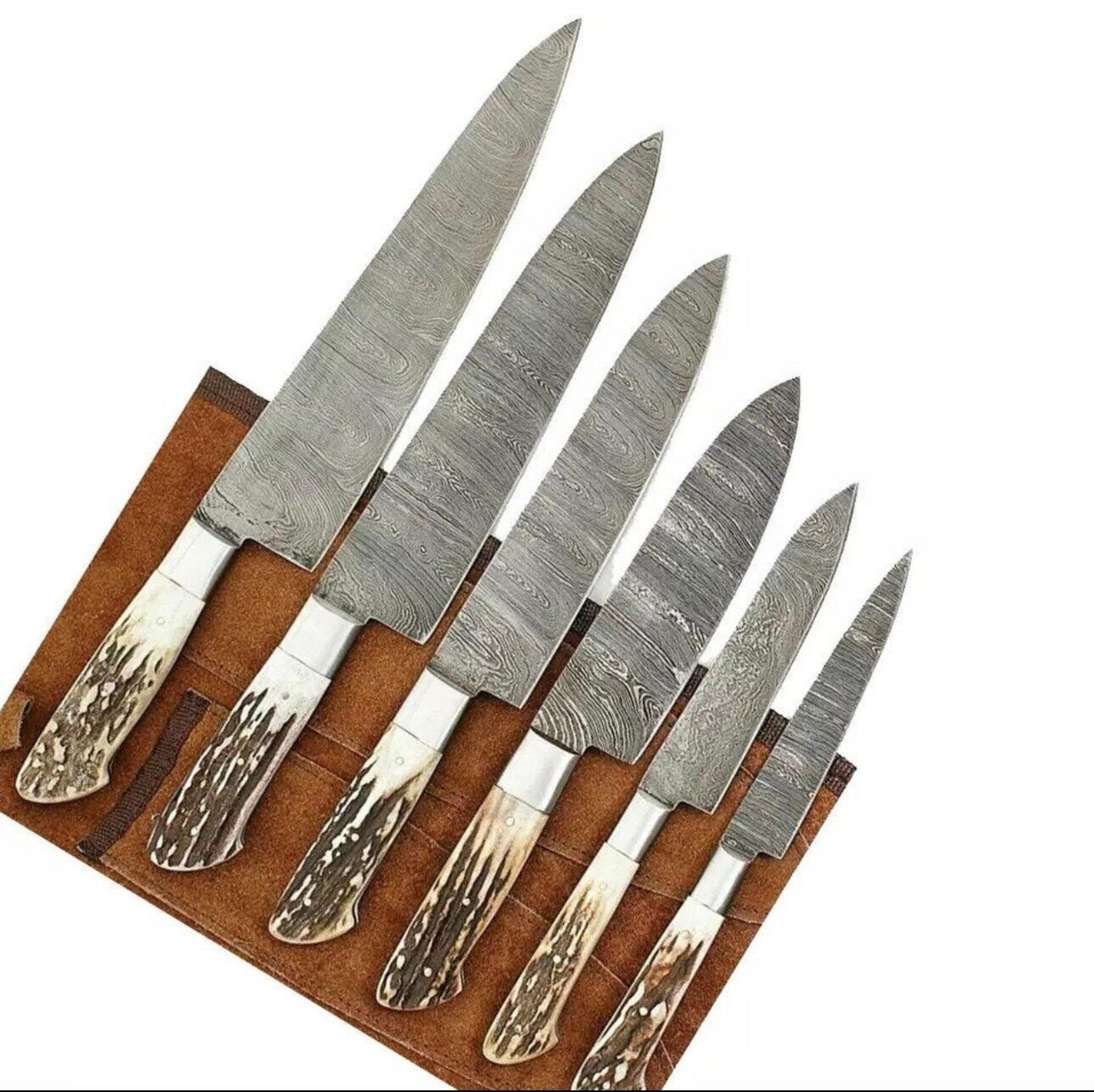 premium damascus steel 6pcs chef knife collection with leather carry bag