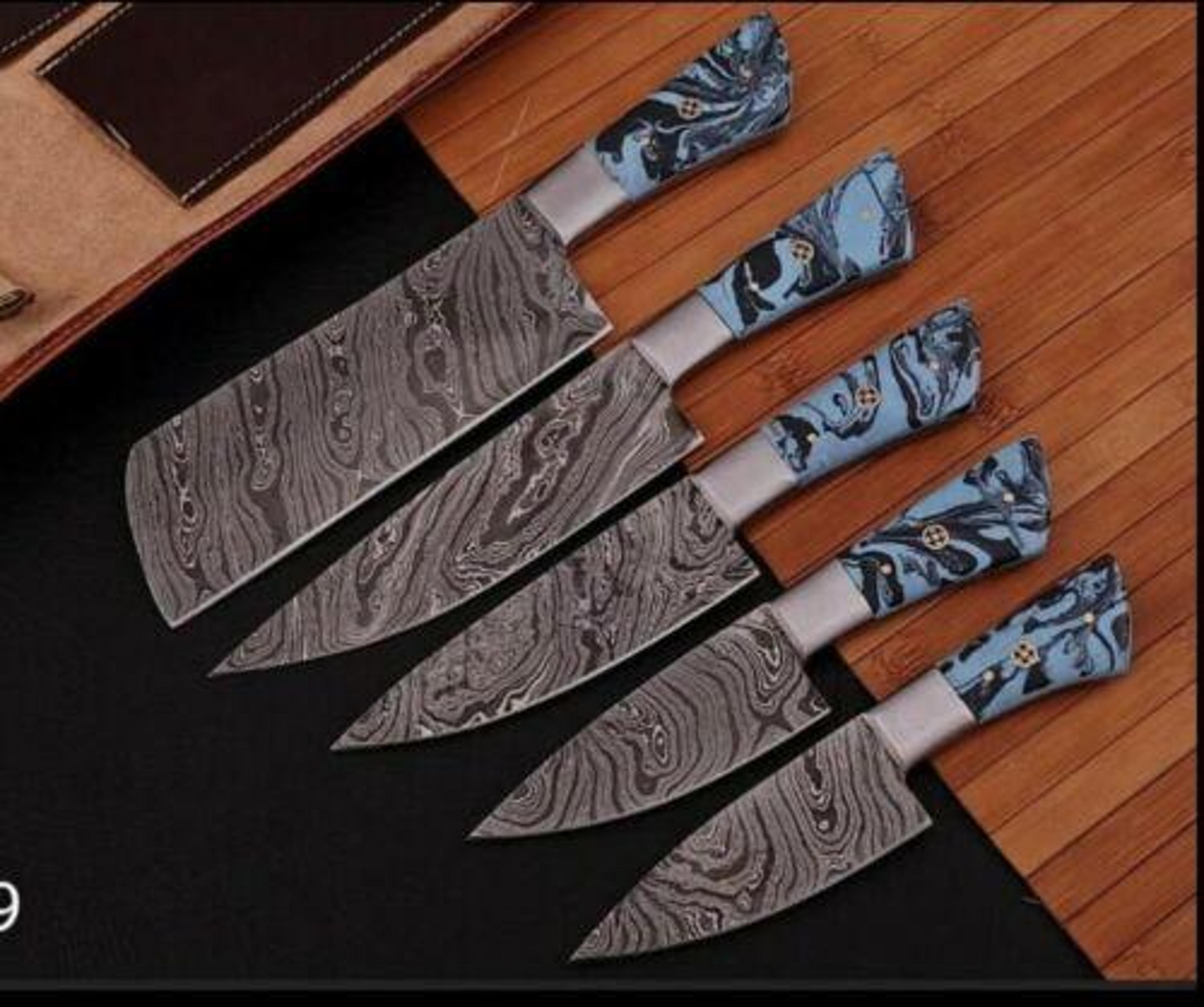 5 pcs custom hand forged damascus steel chef knife set | resin & steel bolster handles | professional kitchen knives