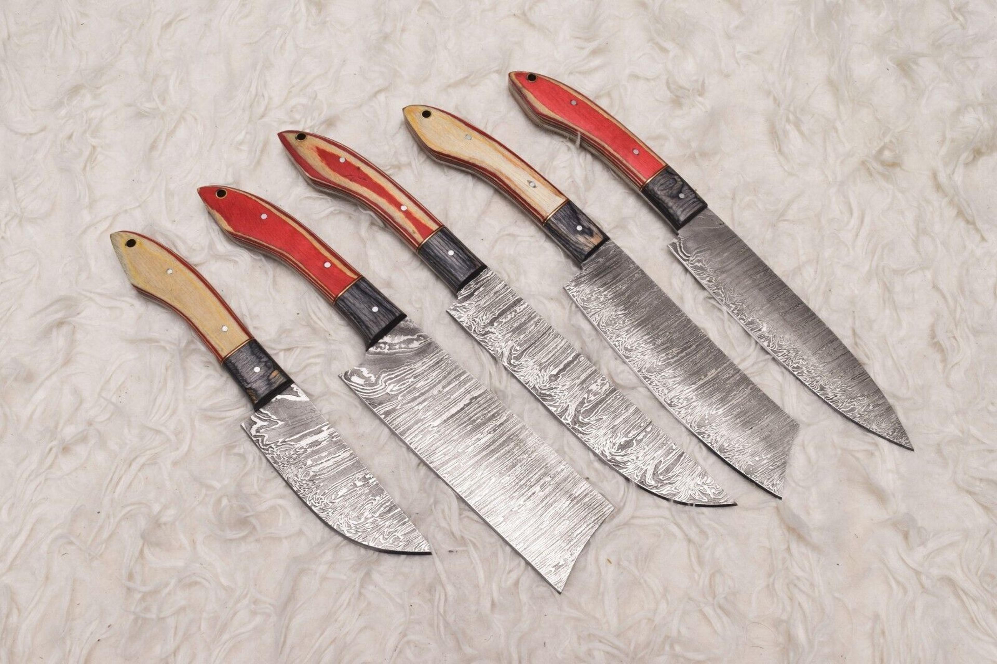 artisan handmade damascus steel chef knife set of 5 | wooden handles