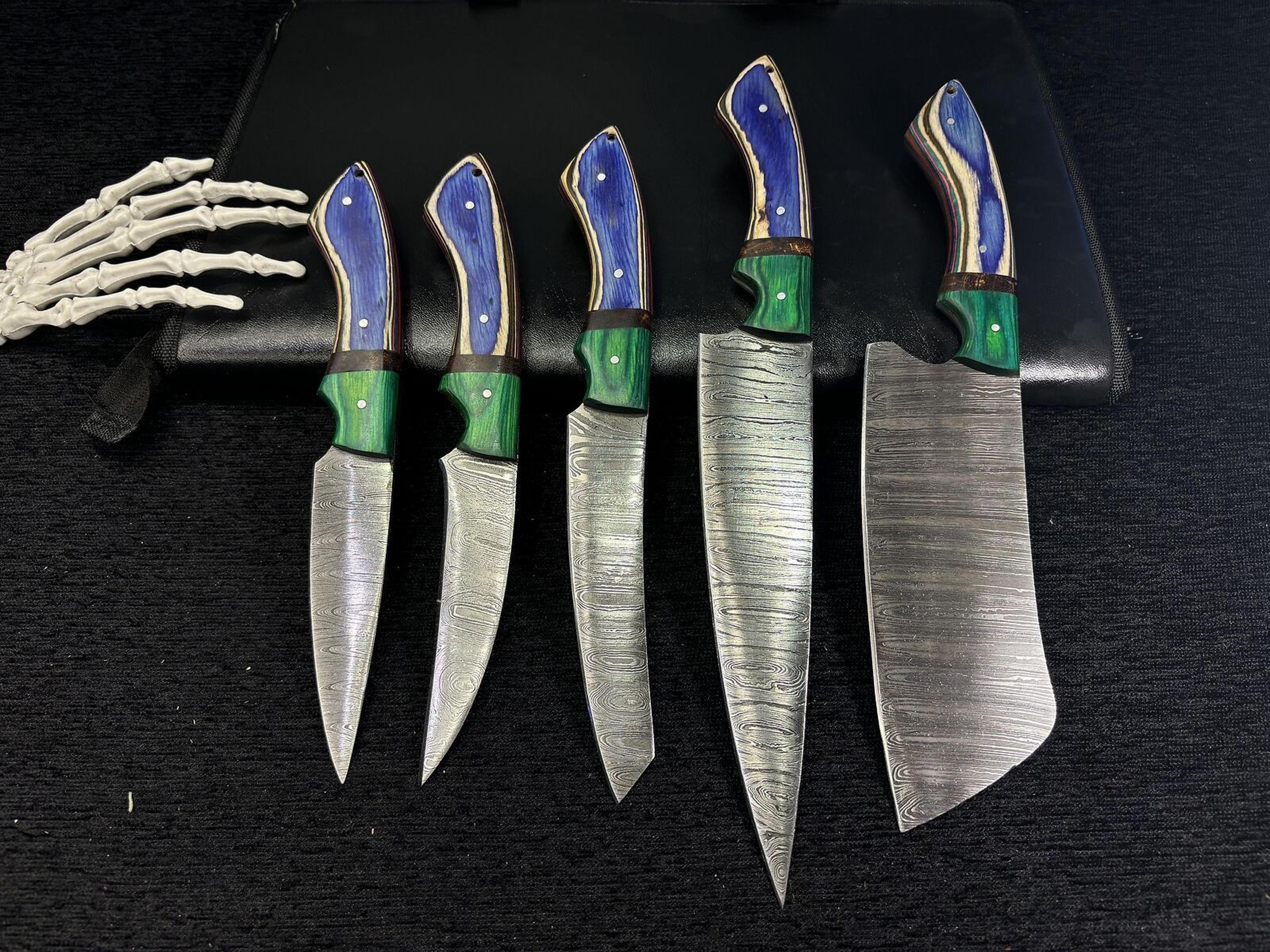 professional damascus steel knife set | 5 pc hand forged chef knives with wood handles