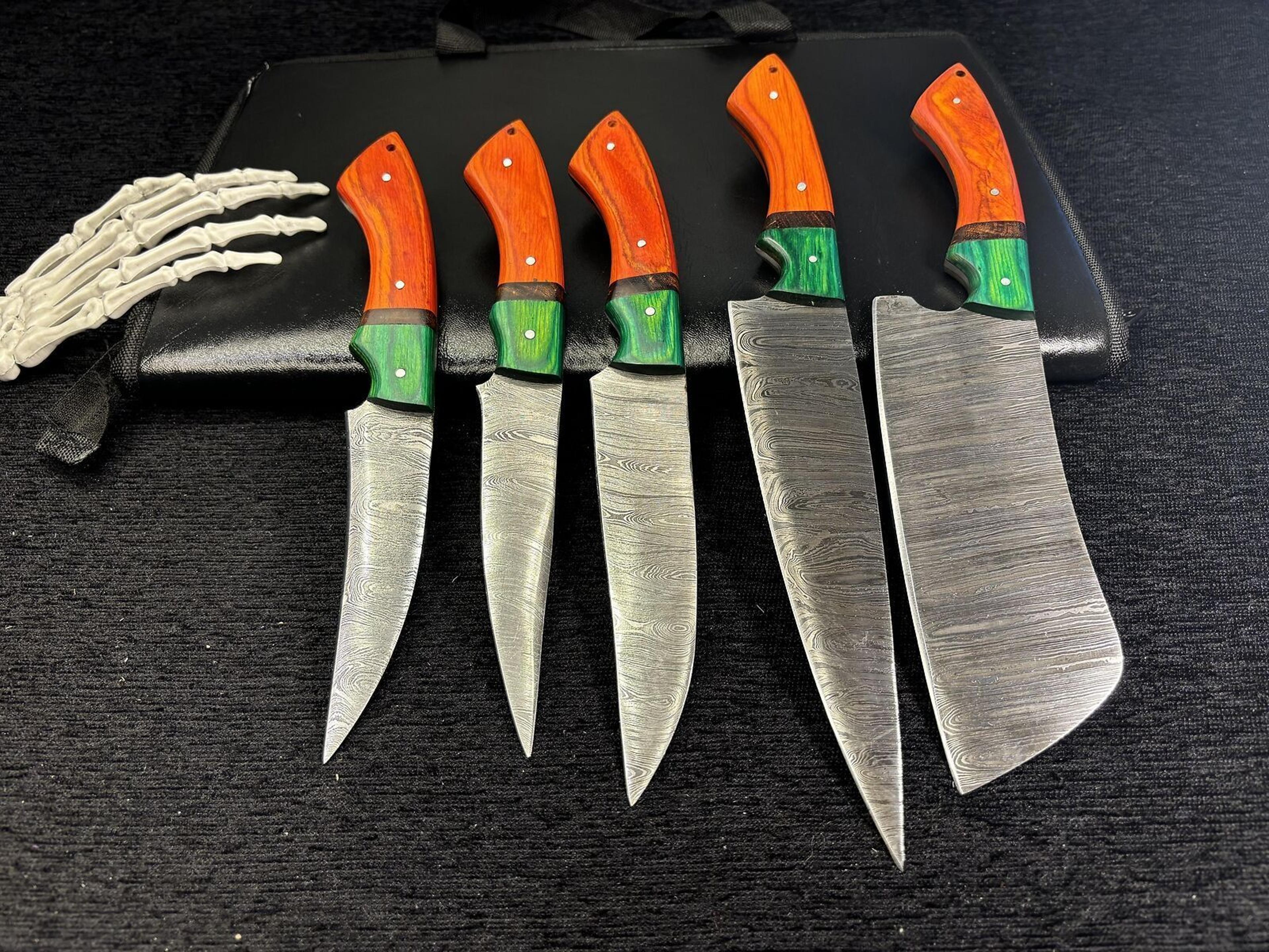 5 pc custom damascus steel knife set | hand forged chef knives with wooden handles