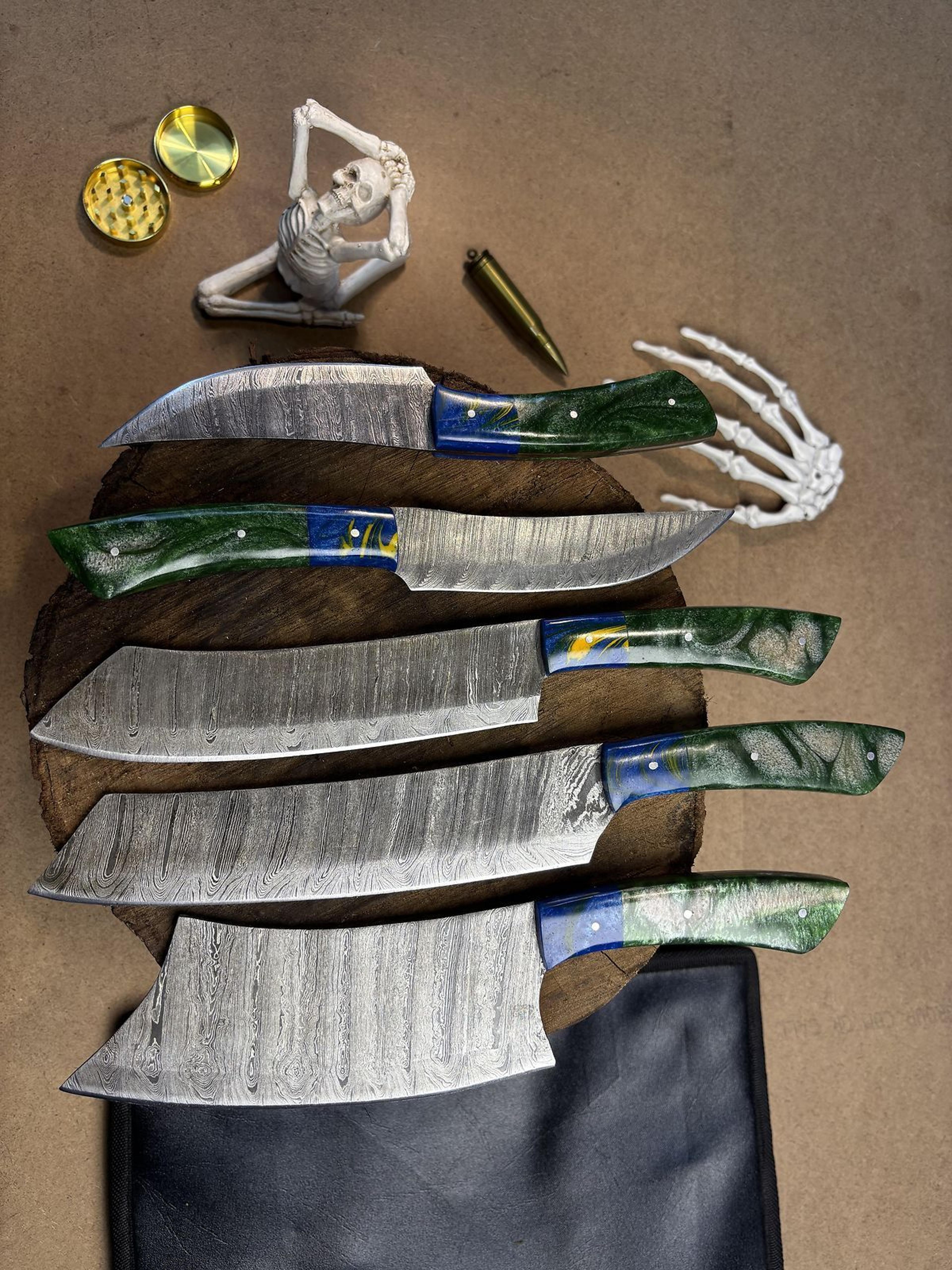 handcrafted damascus steel 5 pc chef knife set | durable wooden handle cutlery
