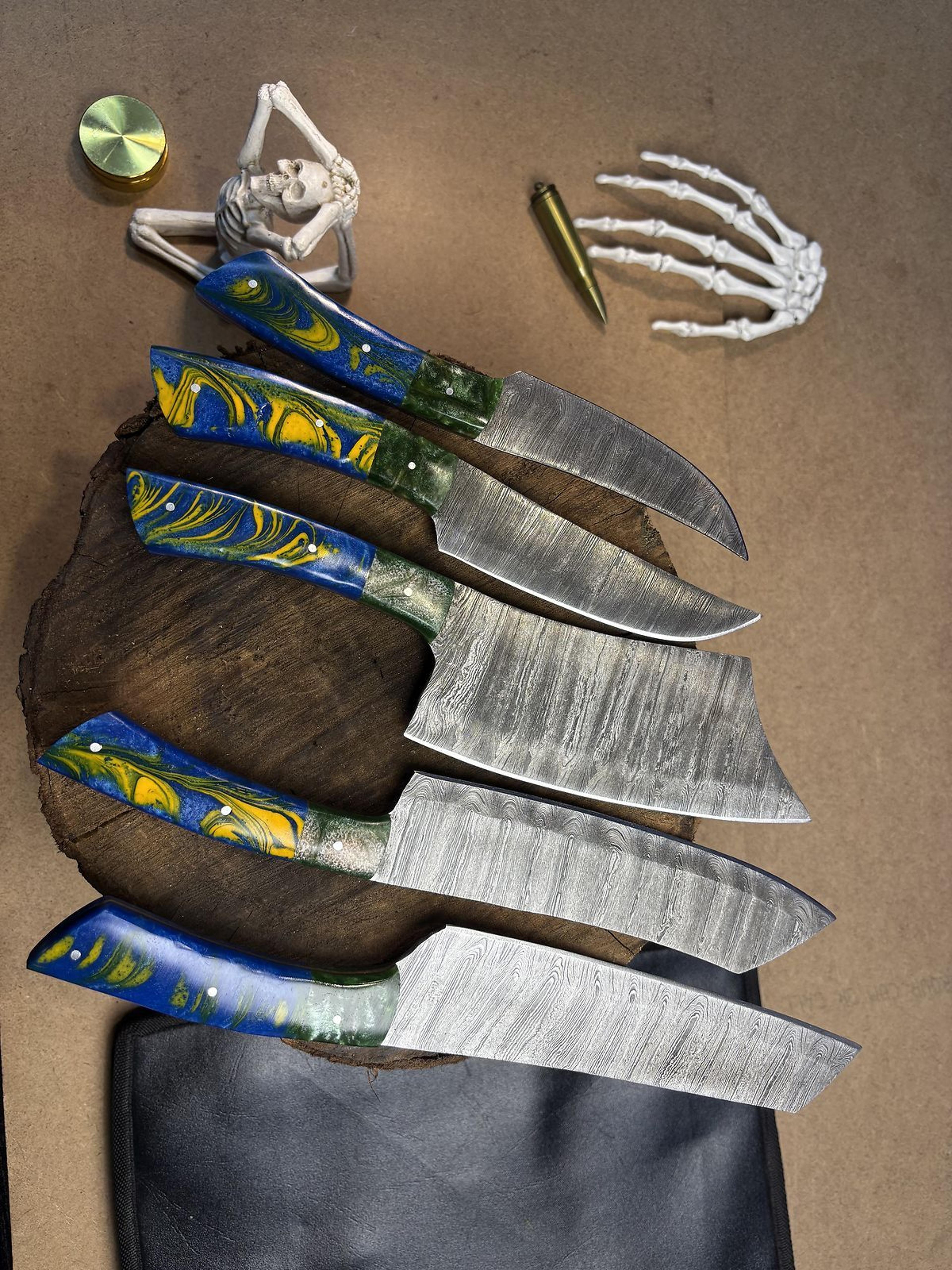 culinary pro handmade damascus knives | 5 pc kitchen essentials set