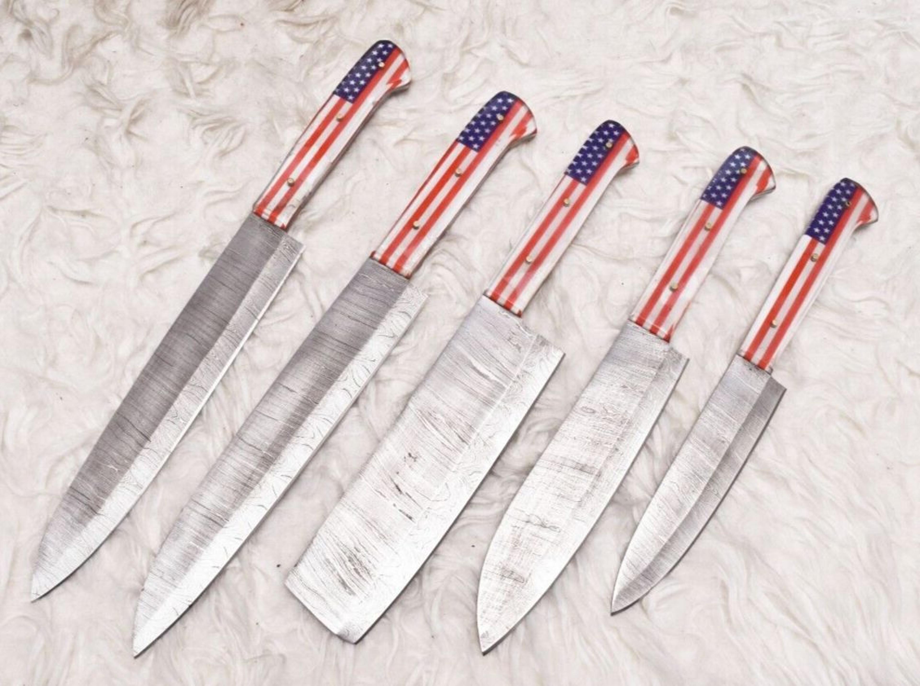 rusticedge damascus kitchen knife set | 5 pc hand forged chef blades