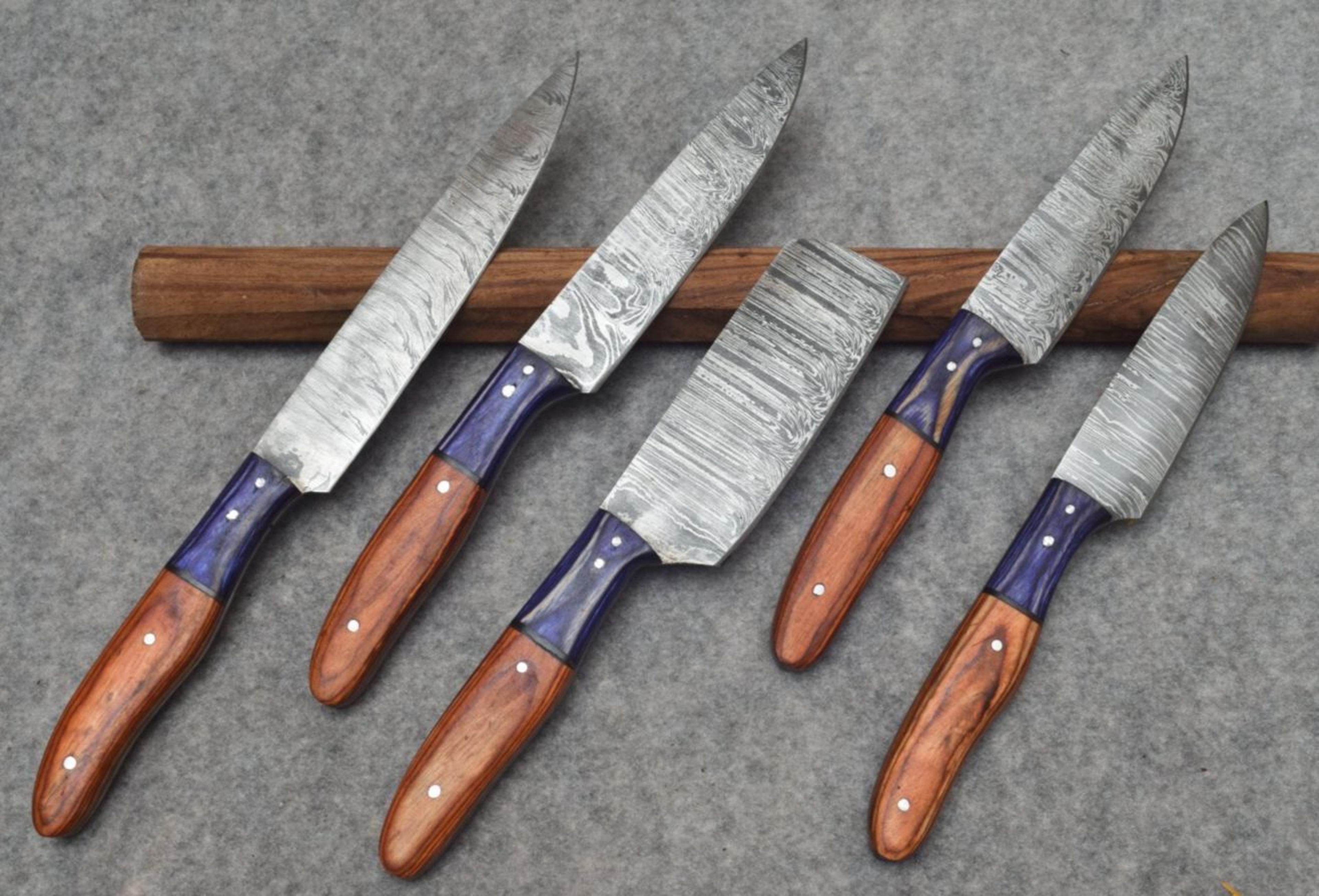 twist damascus steel kitchen knife set | handmade chef knives with pakawood handles