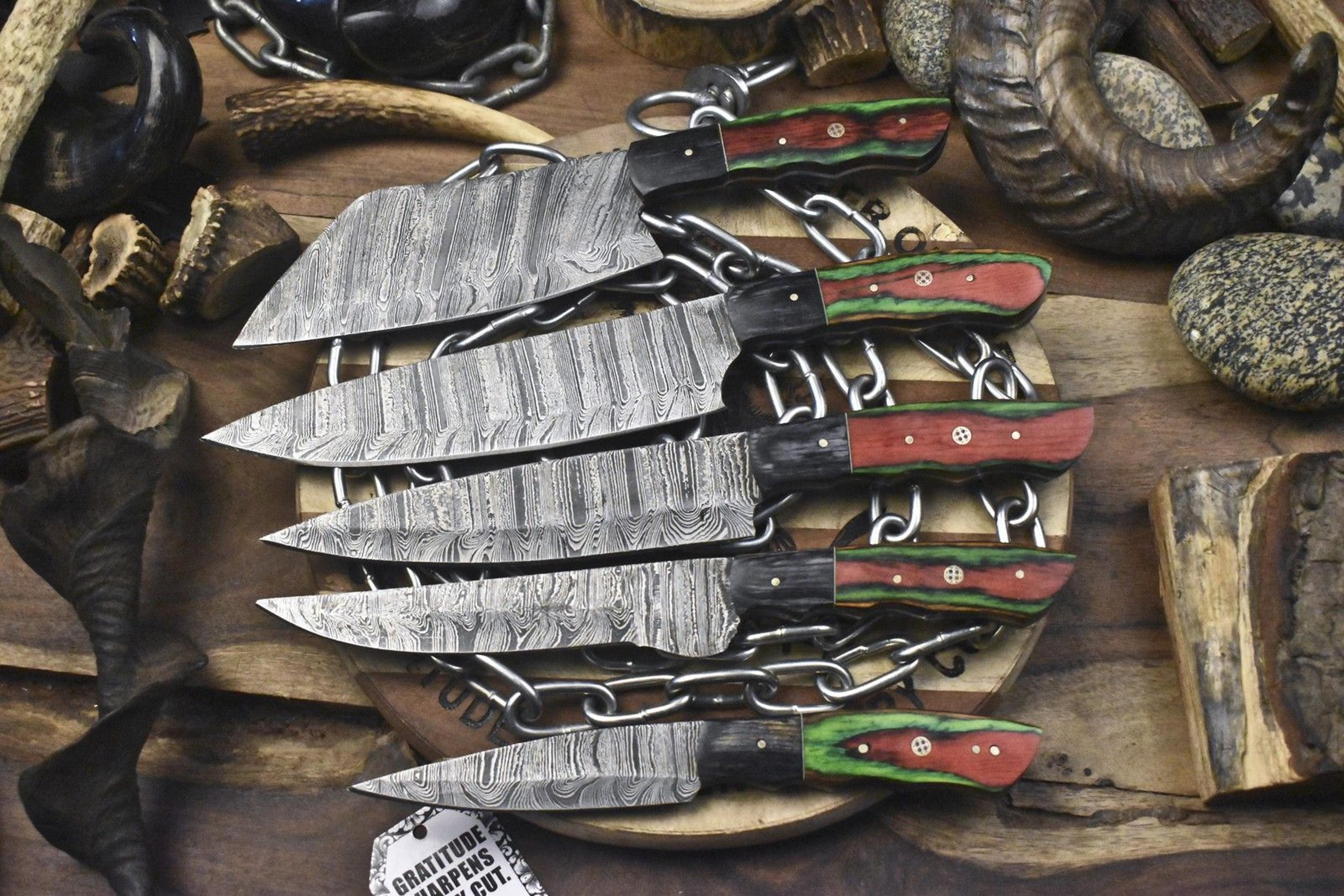 5 pc premium twist damascus steel chef knife set | hardwood handle cutlery