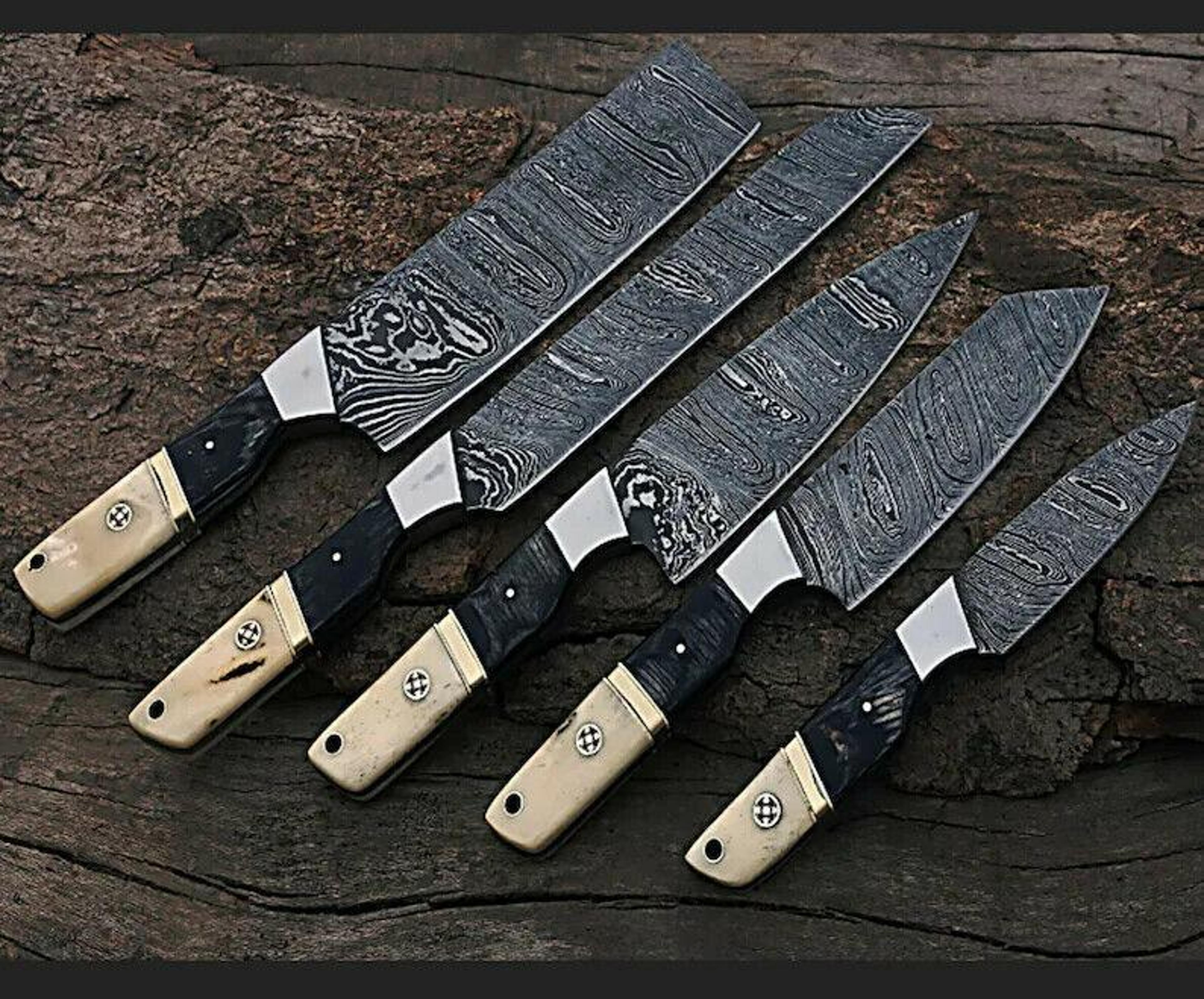 5 pcs handmade damascus steel chef knife set | forged kitchen knives with rosewood handle | bbq, anniversary & personali