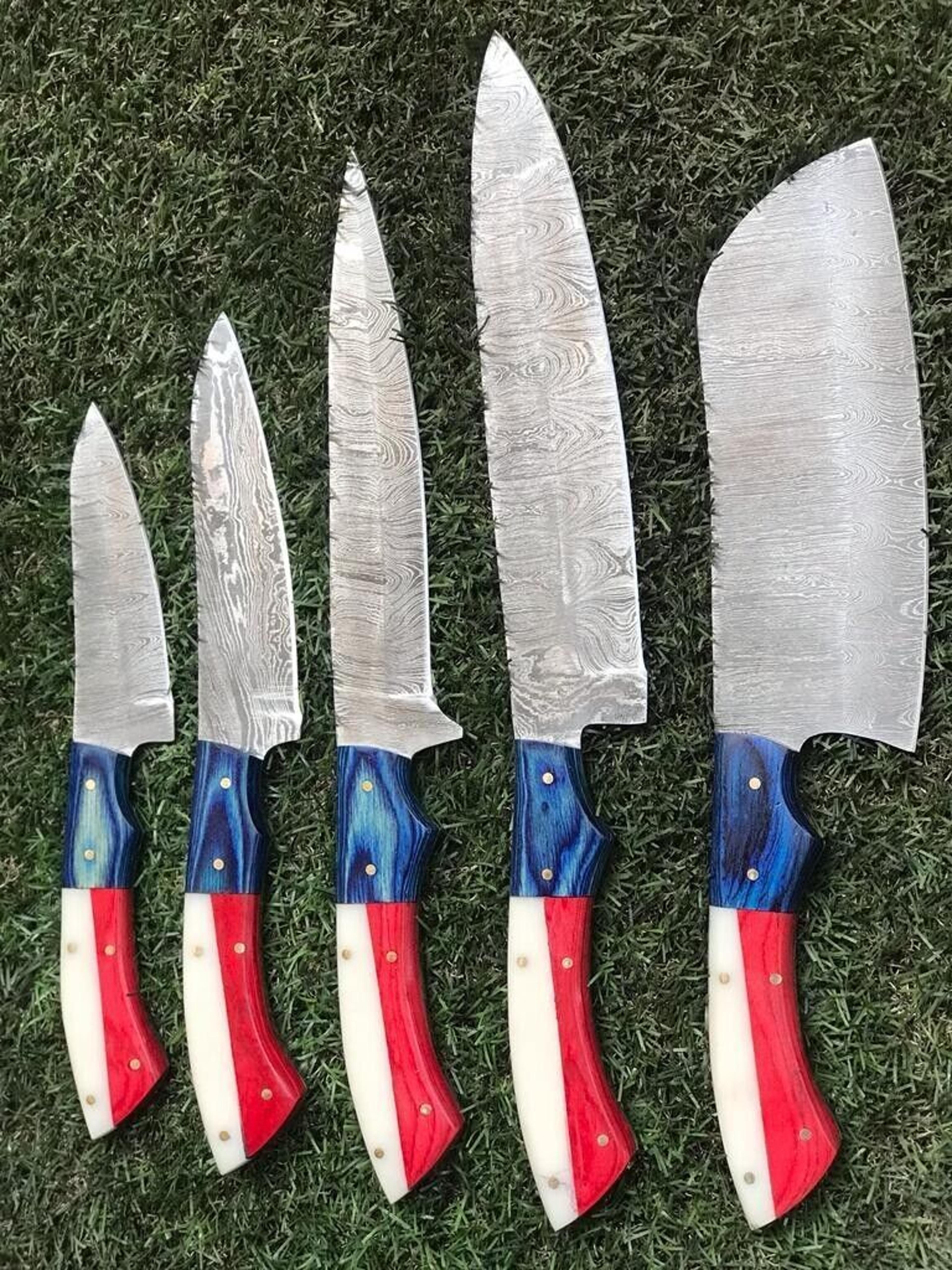 professional handmade damascus chef knife set | twist pattern steel blades with bone & wood handles