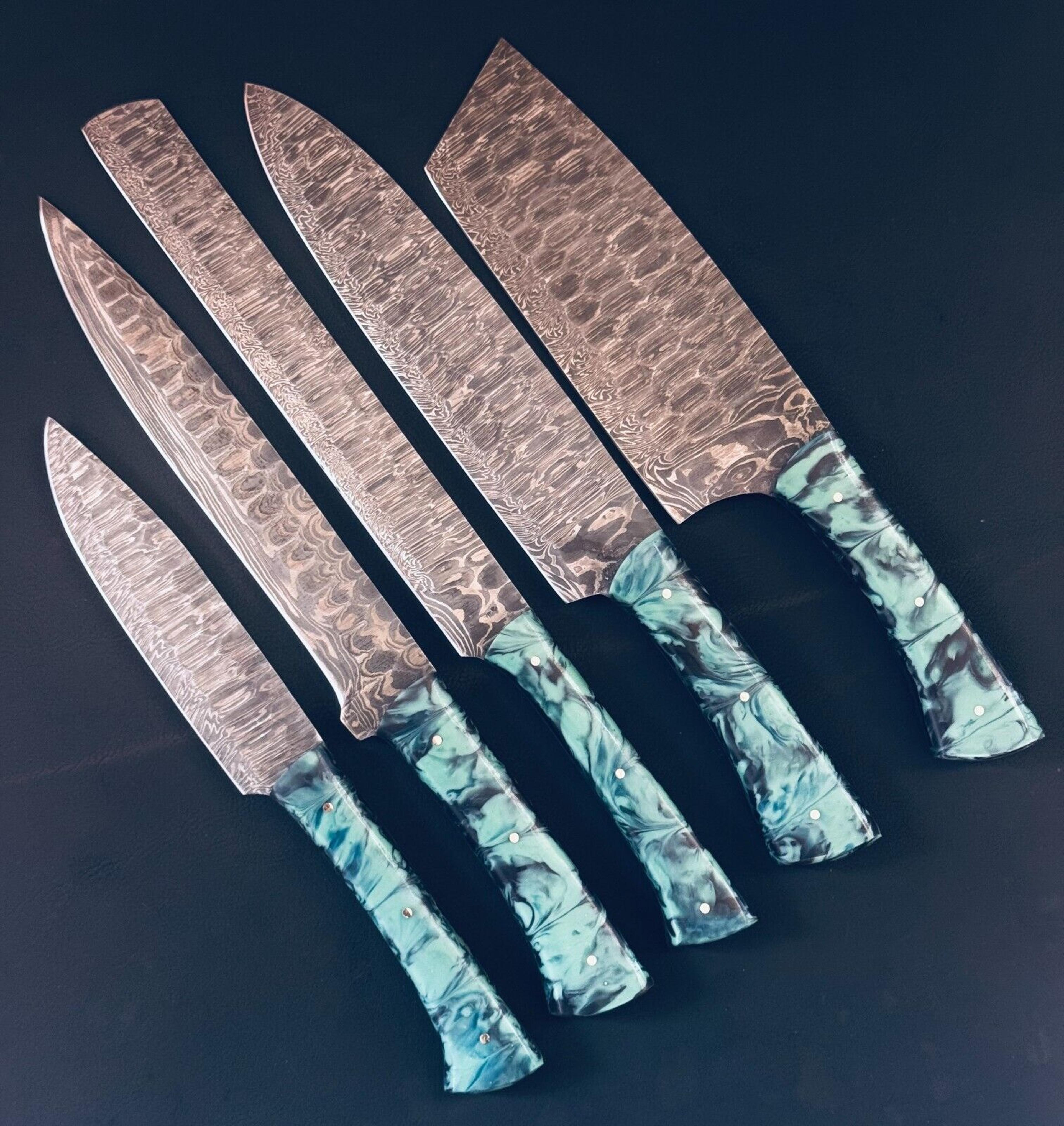 custom damascus steel hunting & kitchen knives | handmade 9"-13" chef knife set