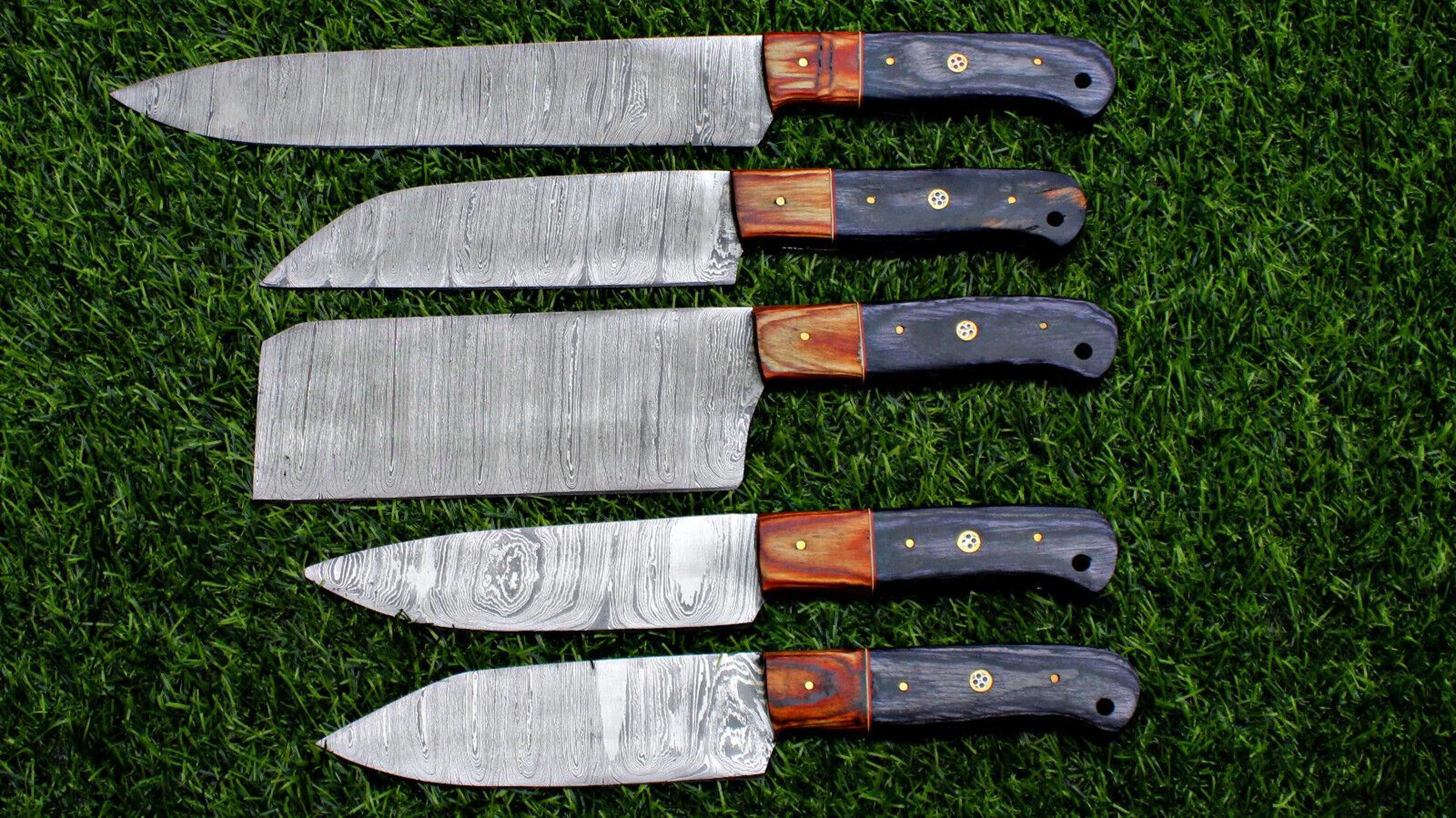 black beer custom forged damascus chef knife set | handmade 5 pc kitchen knives
