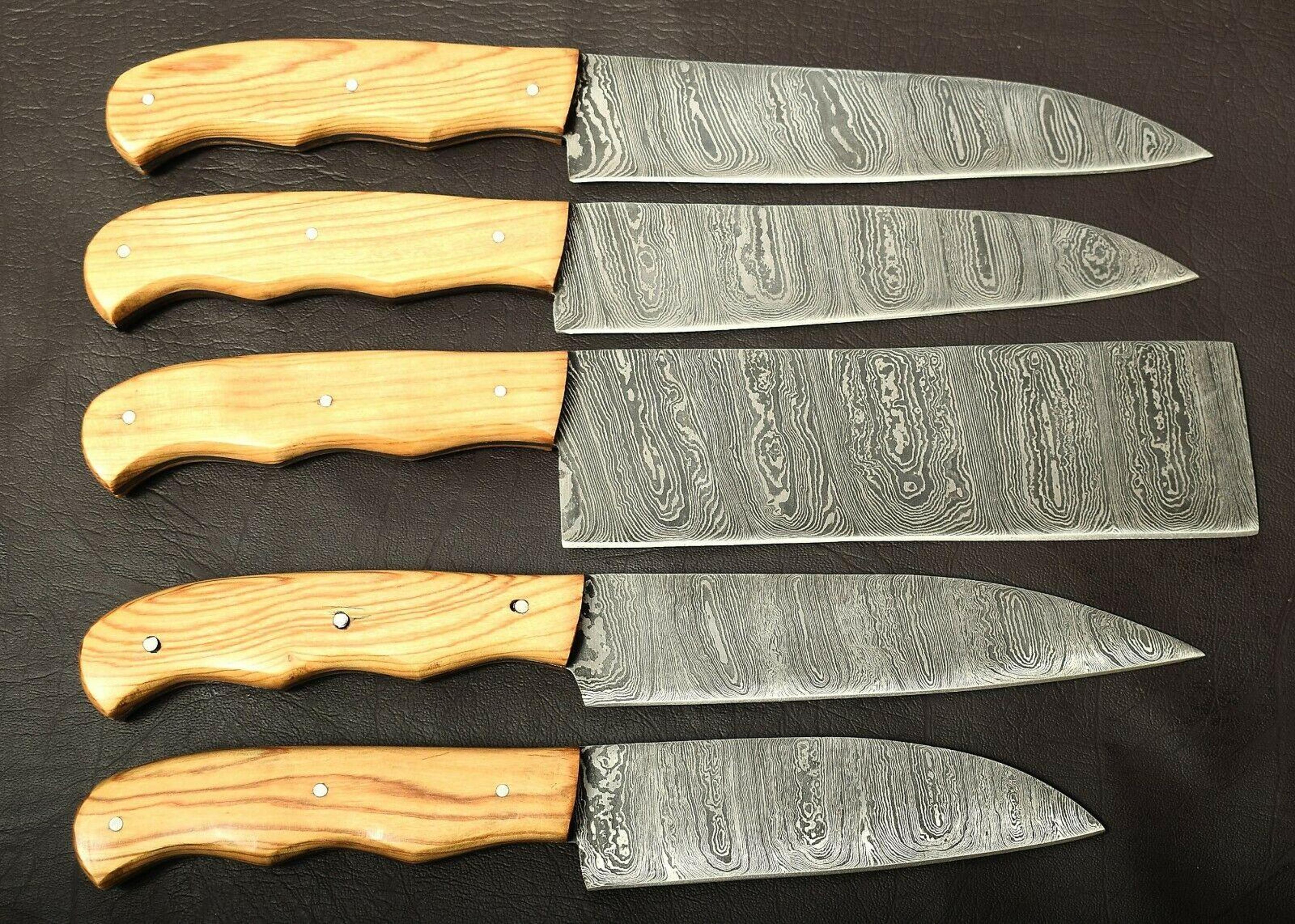 5-piece handmade damascus chef knife set with pakka wood handles