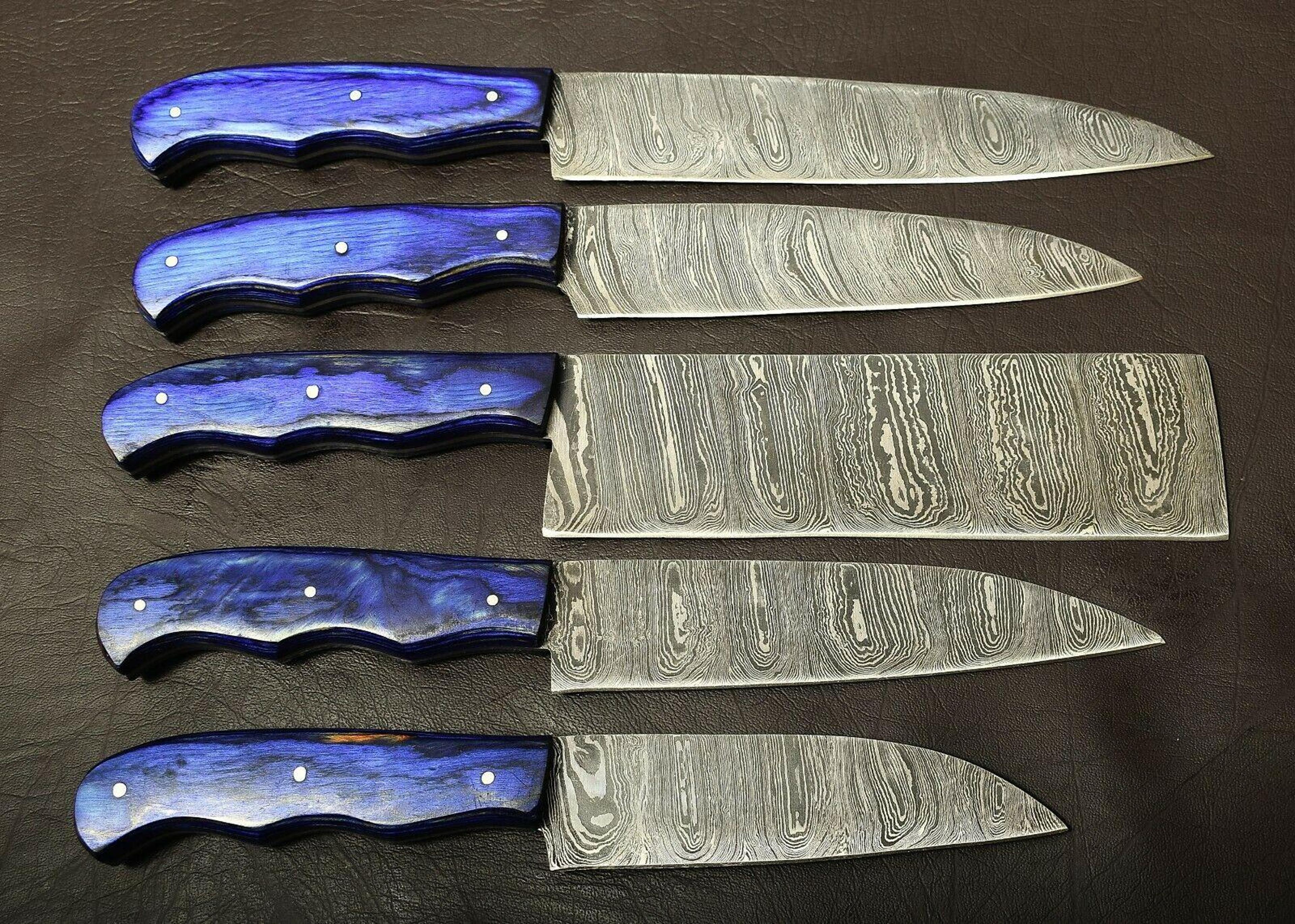professional handmade damascus kitchen knife set – 5pc with wooden handles