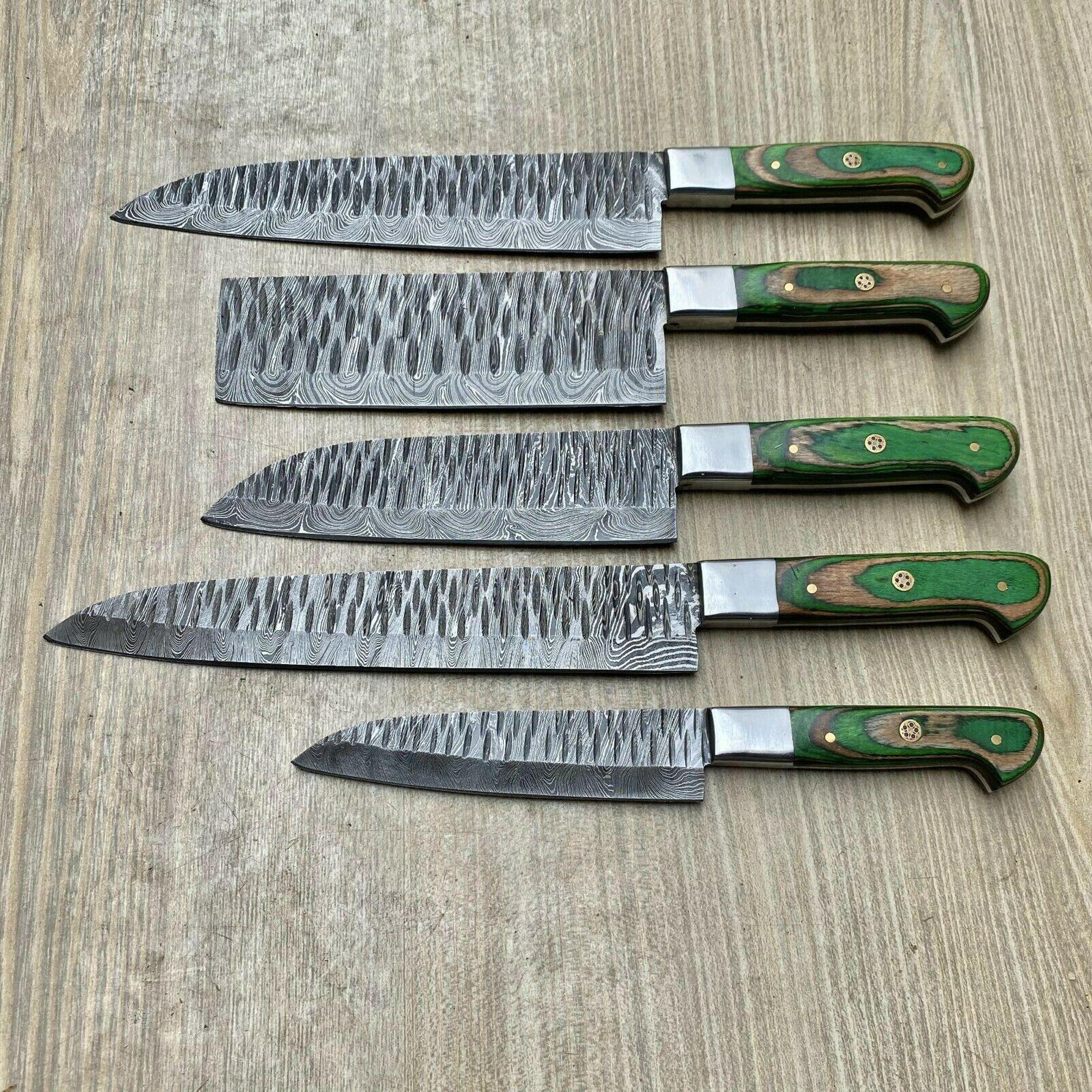 forged damascus steel chef knives set – handmade kitchen cutlery with wood handles