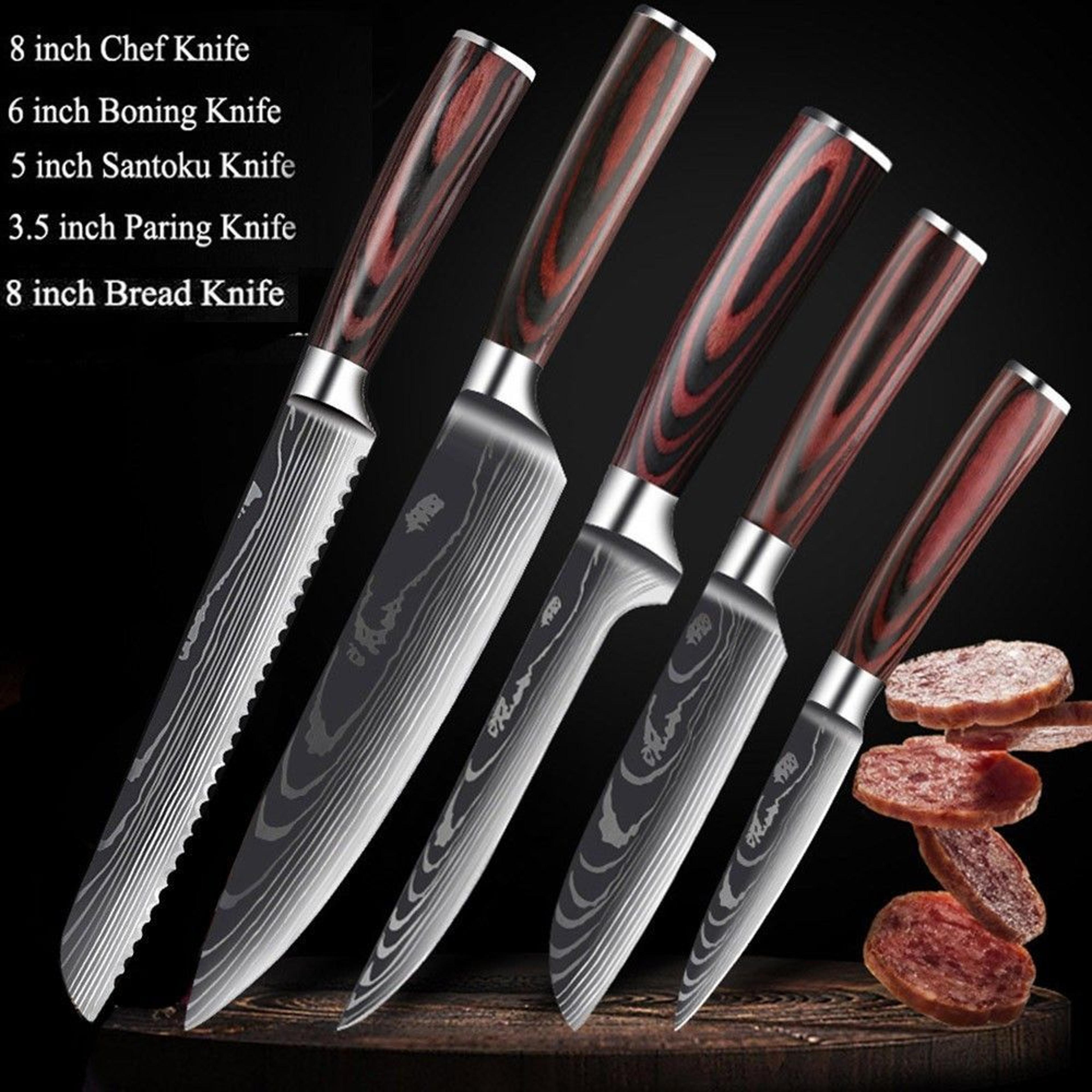 5pc japanese kitchen style knives set laser damascus pattern chef knife with scabbard – high carbon