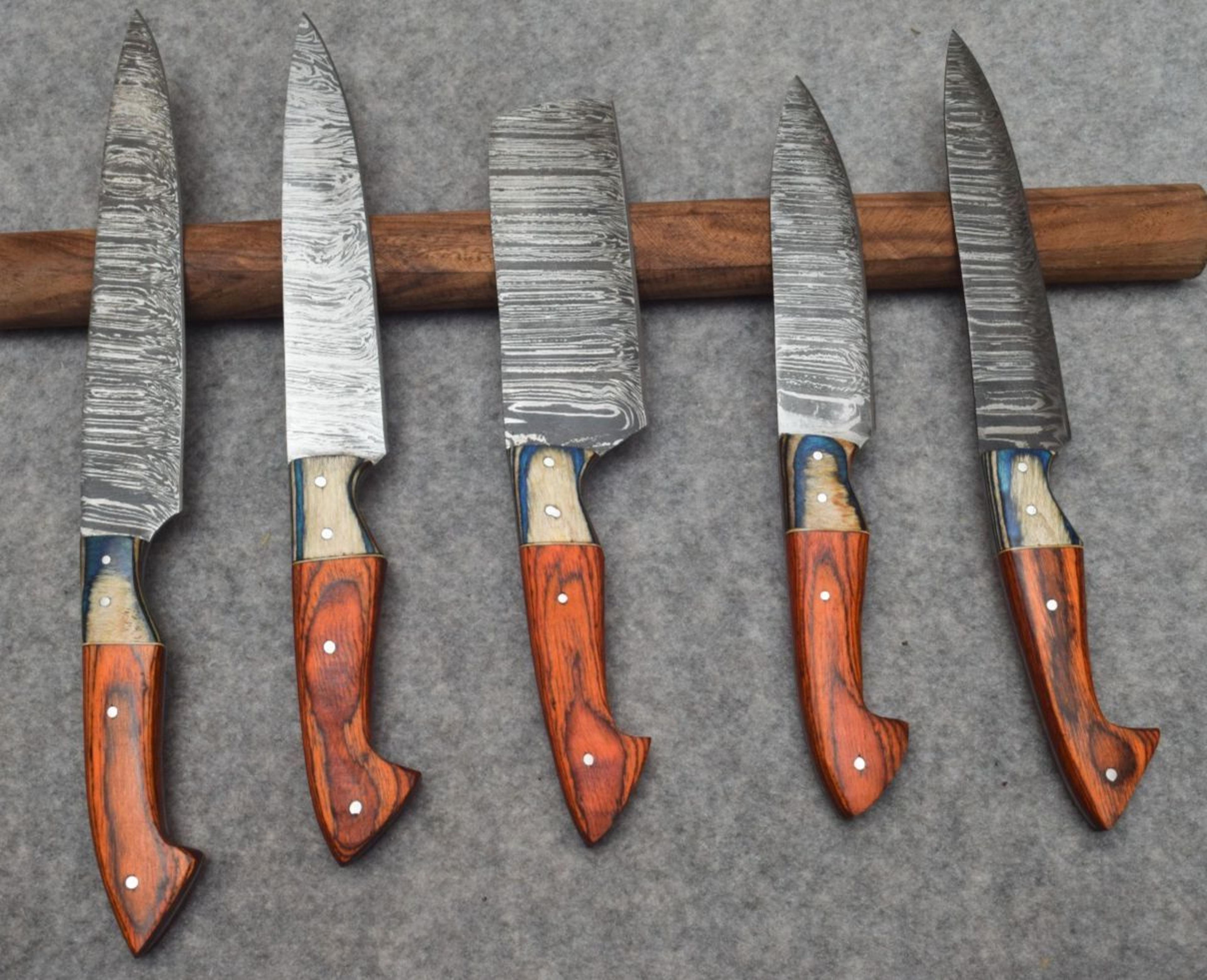 hand forged damascus steel 5pc chef knife set with leather cover | handmade kitchen knives