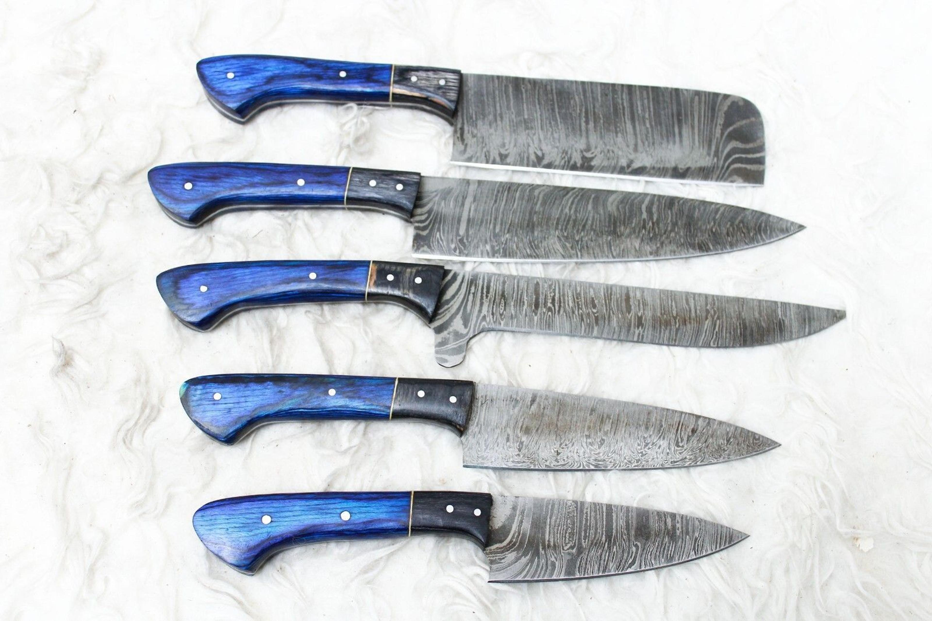 premium damascus steel kitchen knife set | 5 handmade chef knives with leather case
