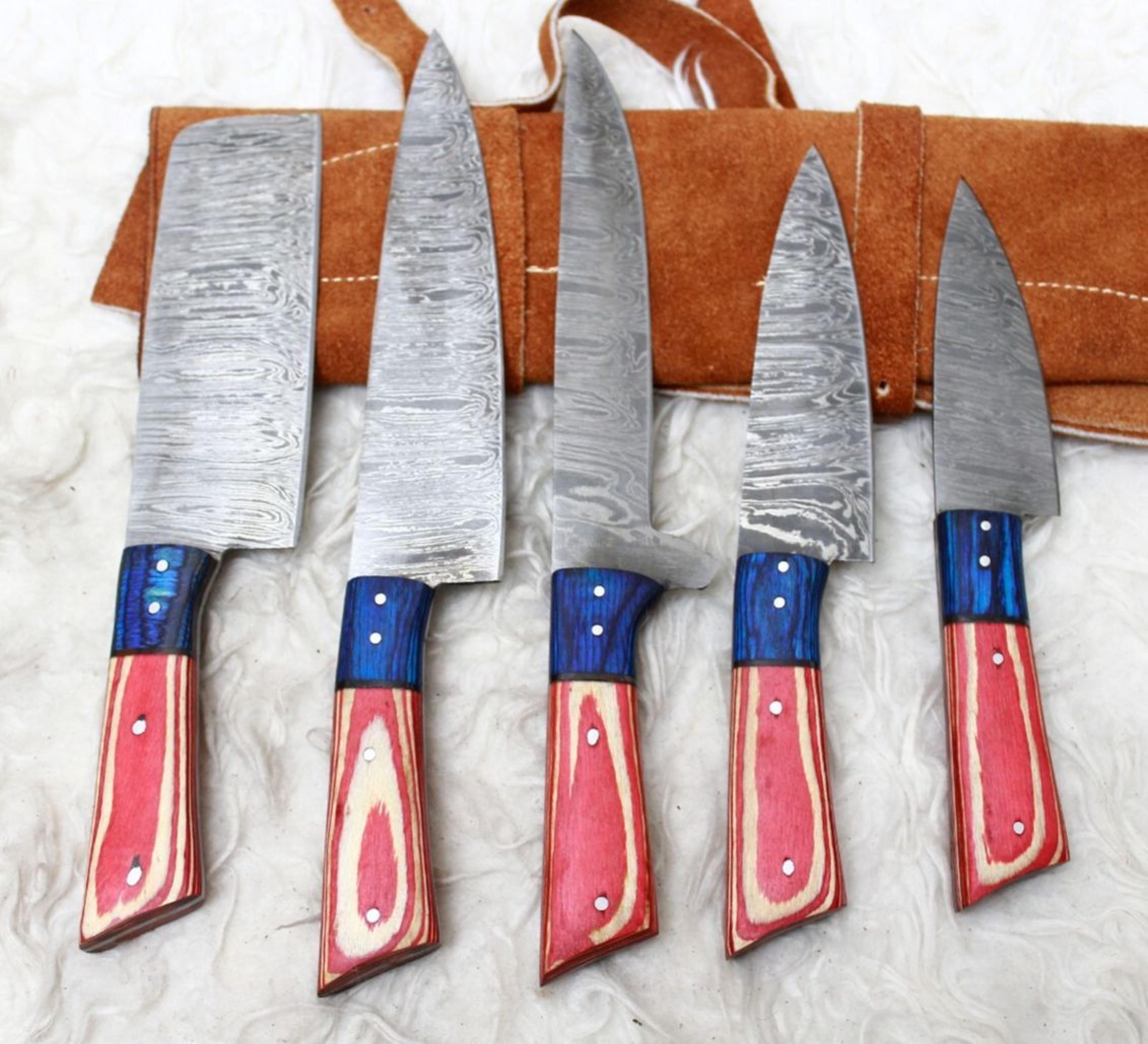 professional handmade damascus chef knife set | 5pc forged knives with leather roll