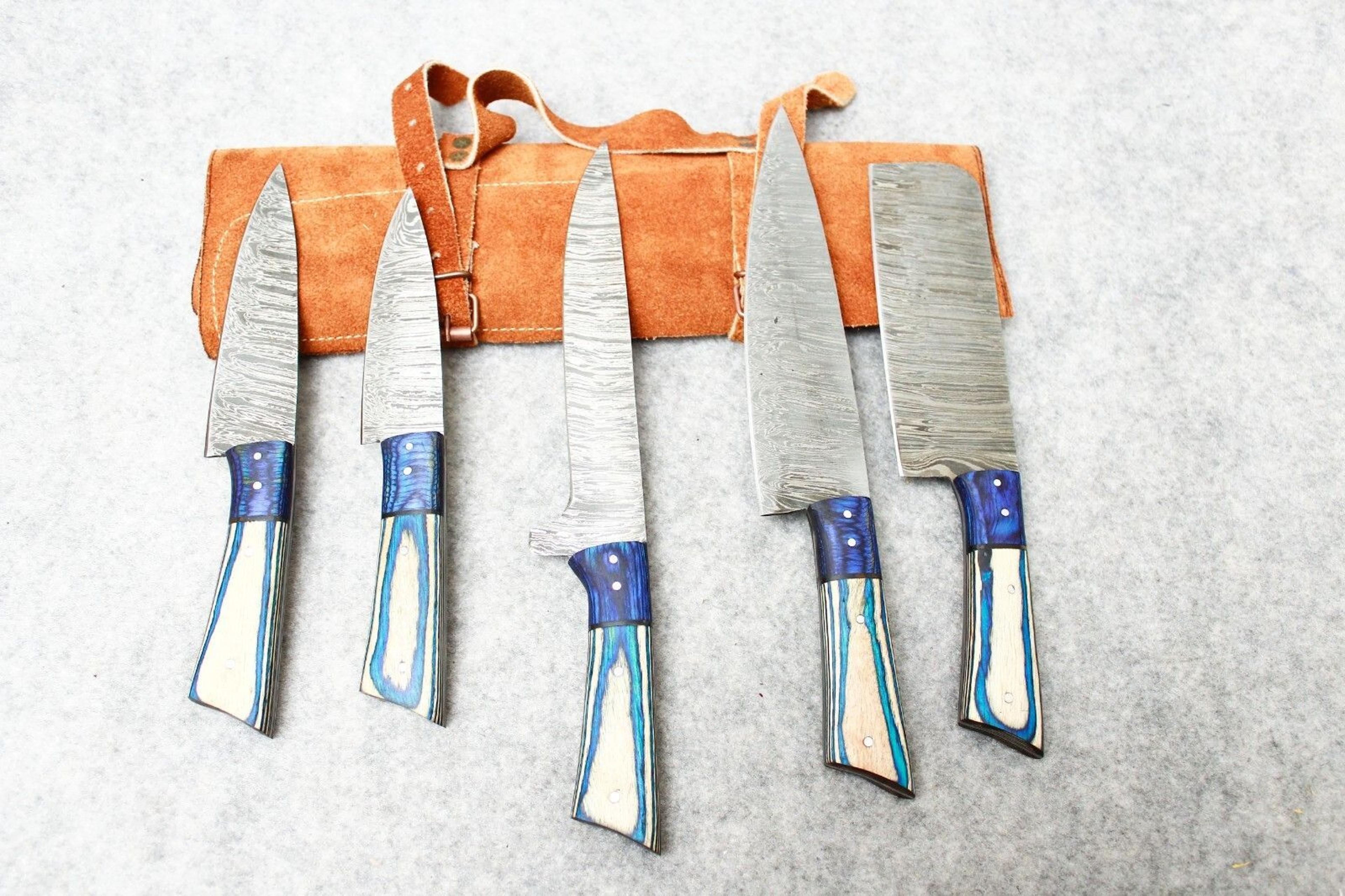luxury damascus steel 5pc chef knife collection | handmade knives with leather cover