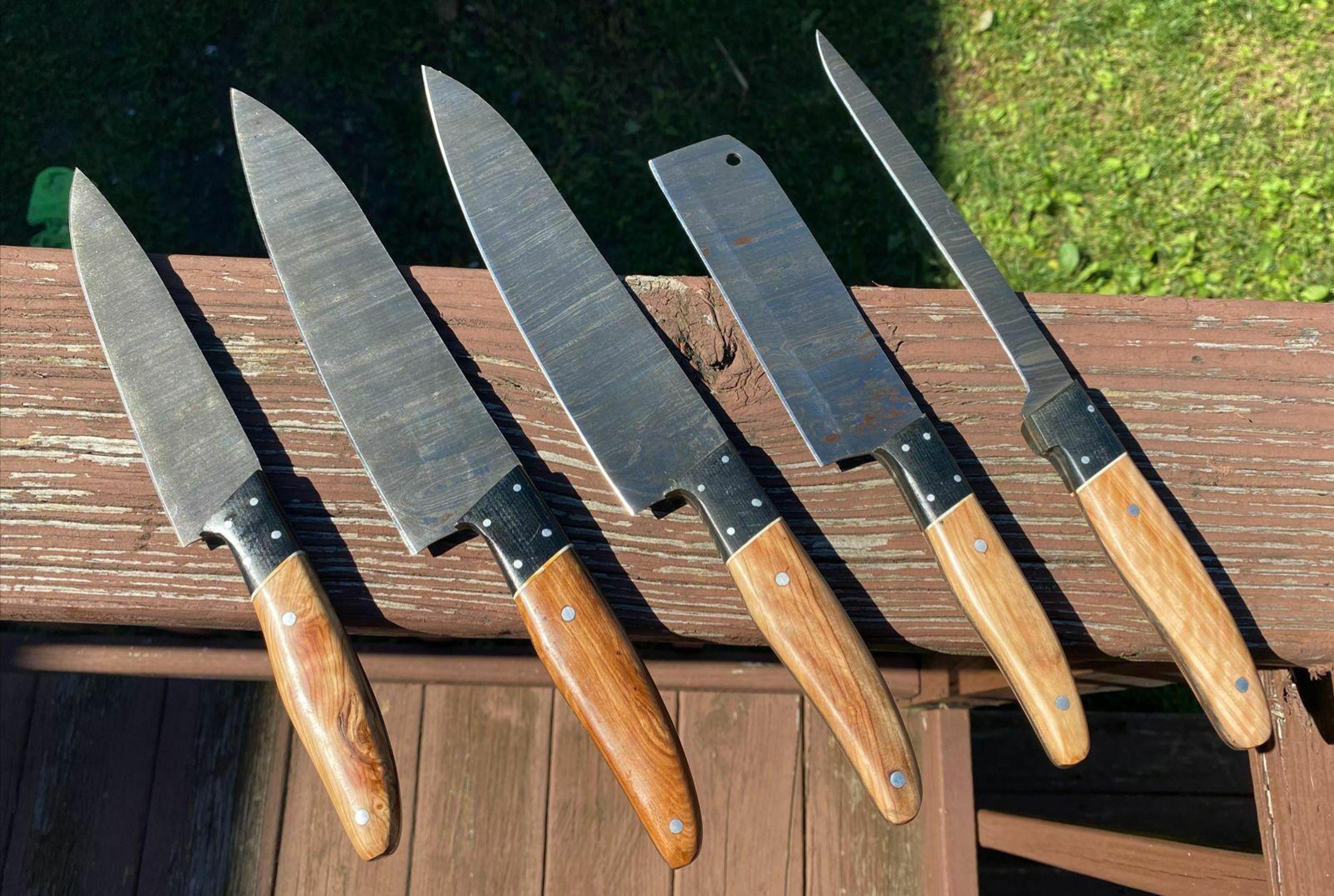 artisan damascus steel 5pc kitchen knife set | handmade chef knives with leather bag
