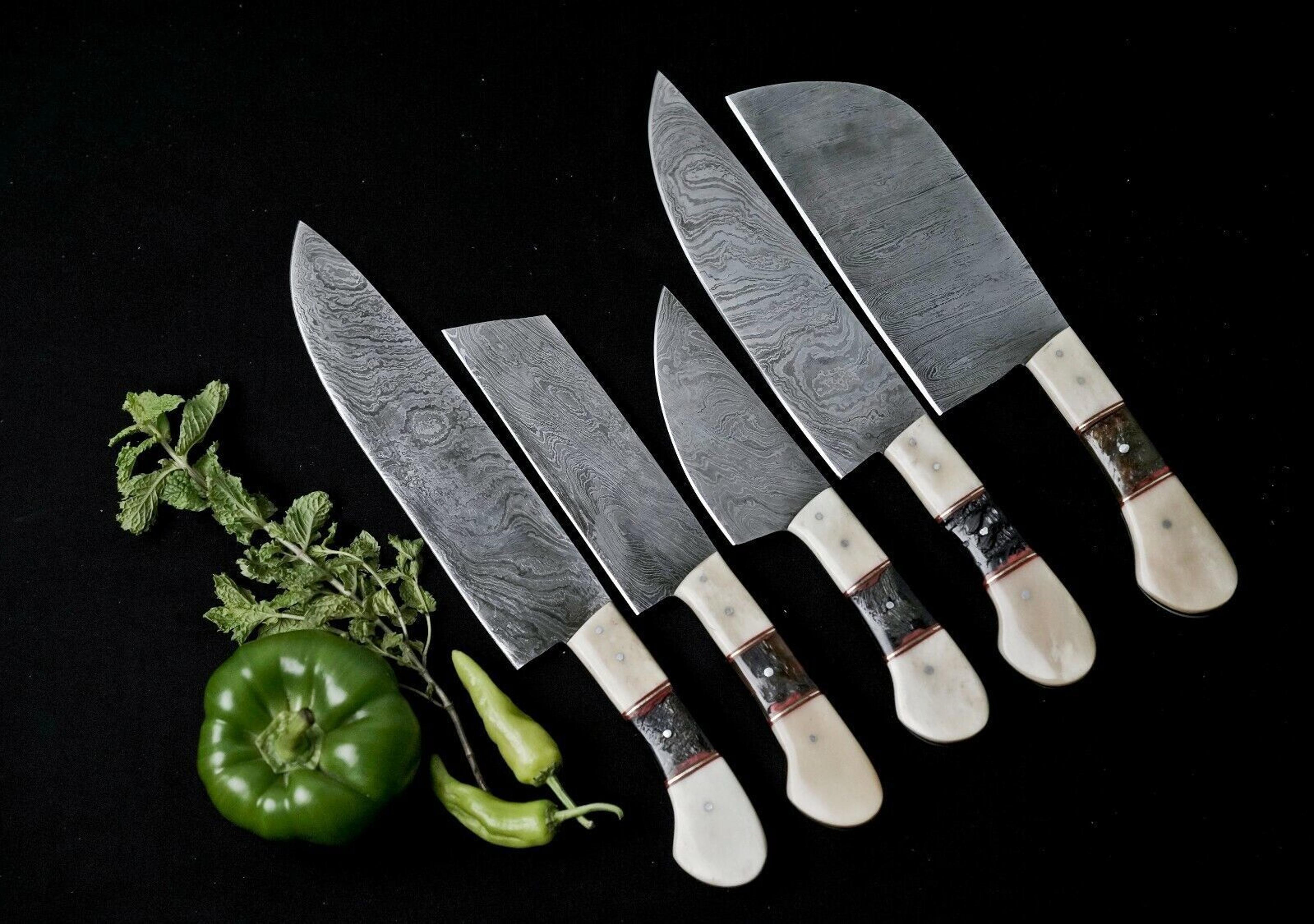 custom handmade damascus steel chef knife set of 5 | full tang hunting knives with leather sheath