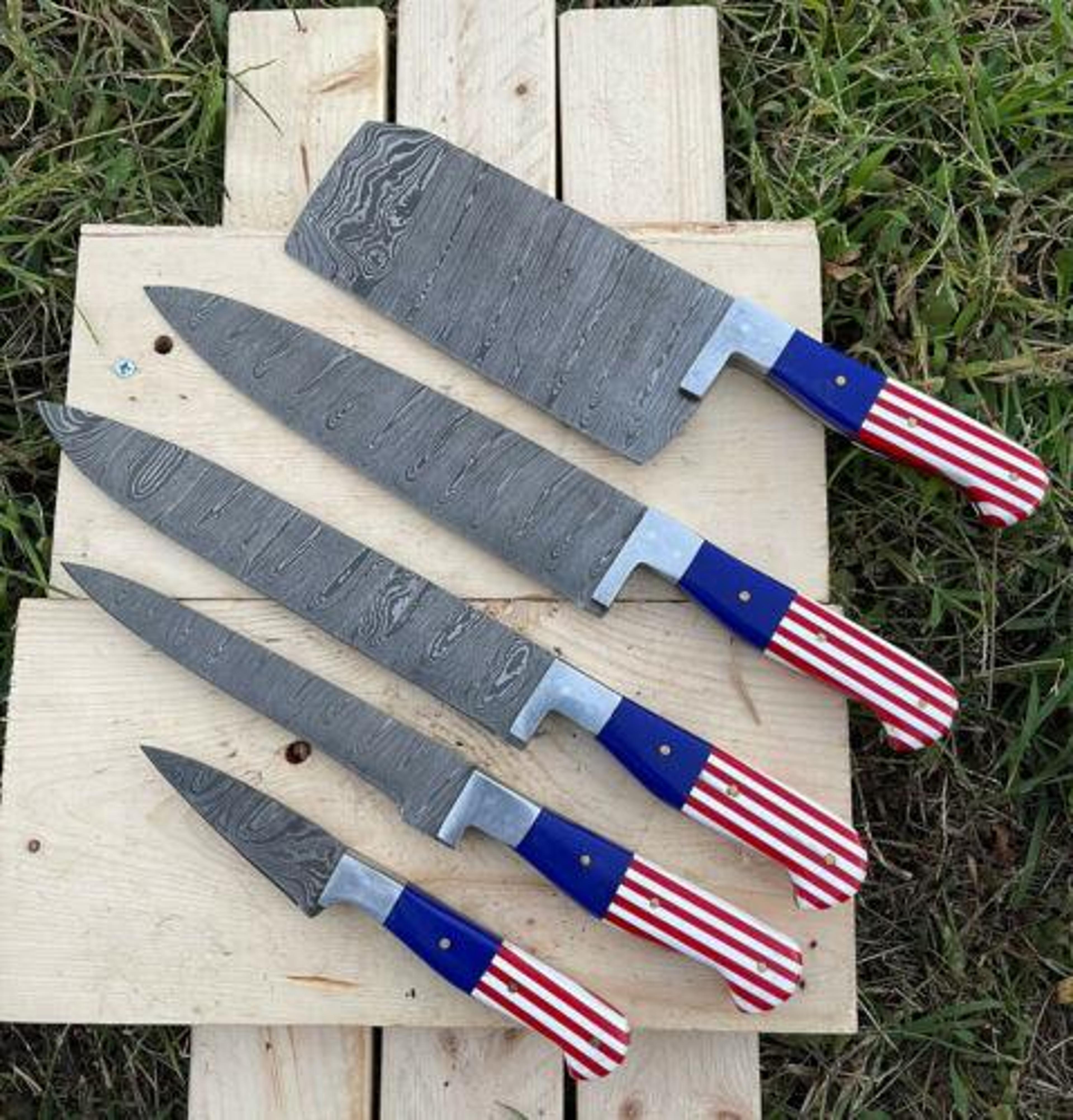 handmade damascus steel chef knife kitchen set | american flag handle | custom forged knives