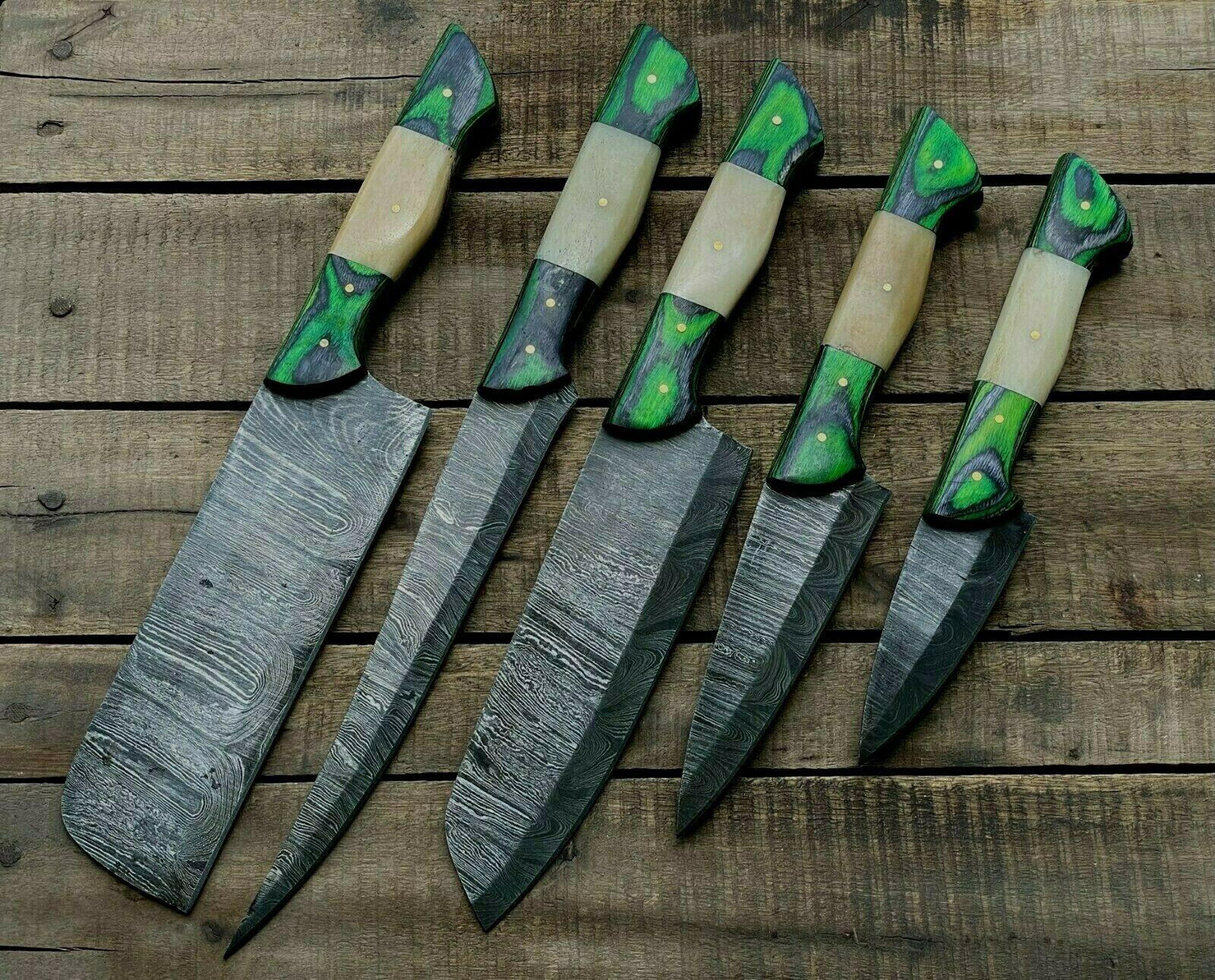 professional handmade damascus steel chef knives set | 5pc full tang kitchen collection