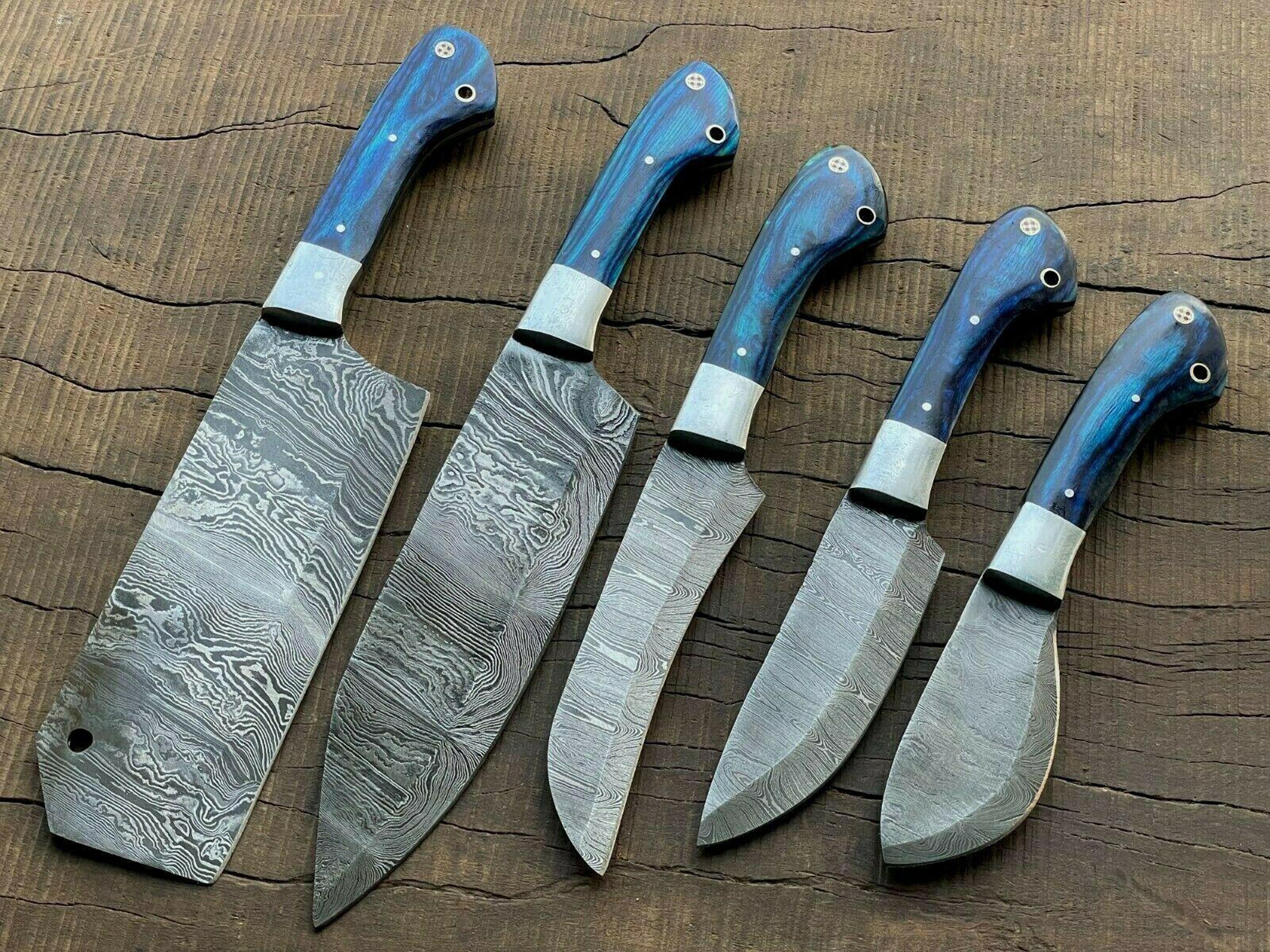 handmade damascus steel 5-piece chef knife set | custom forged kitchen knives
