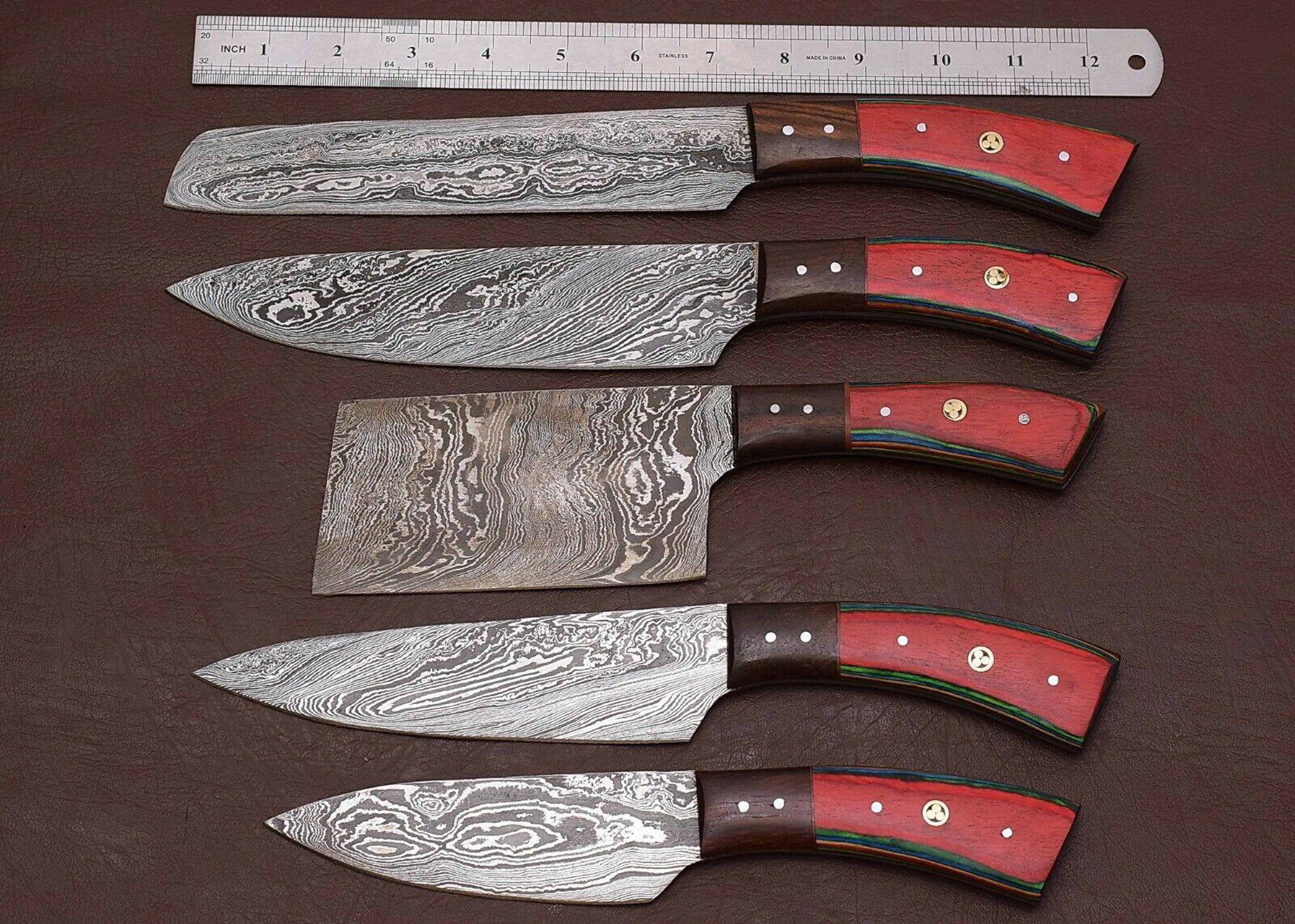 professional custom damascus steel chef knife set | 5pc handmade kitchen knives wood handle