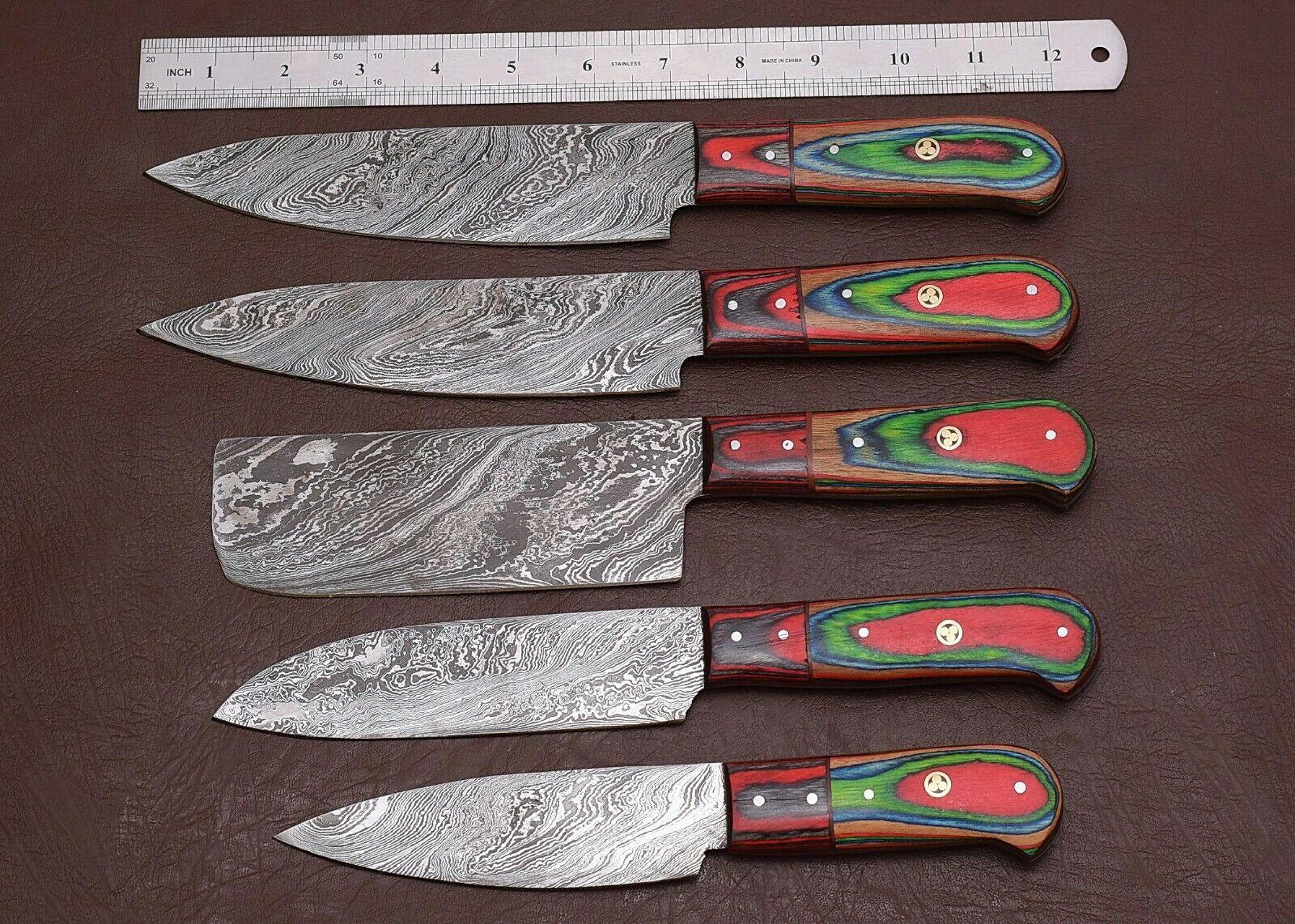 handcrafted damascus steel chef knife set of 5 | durable wooden handle knives