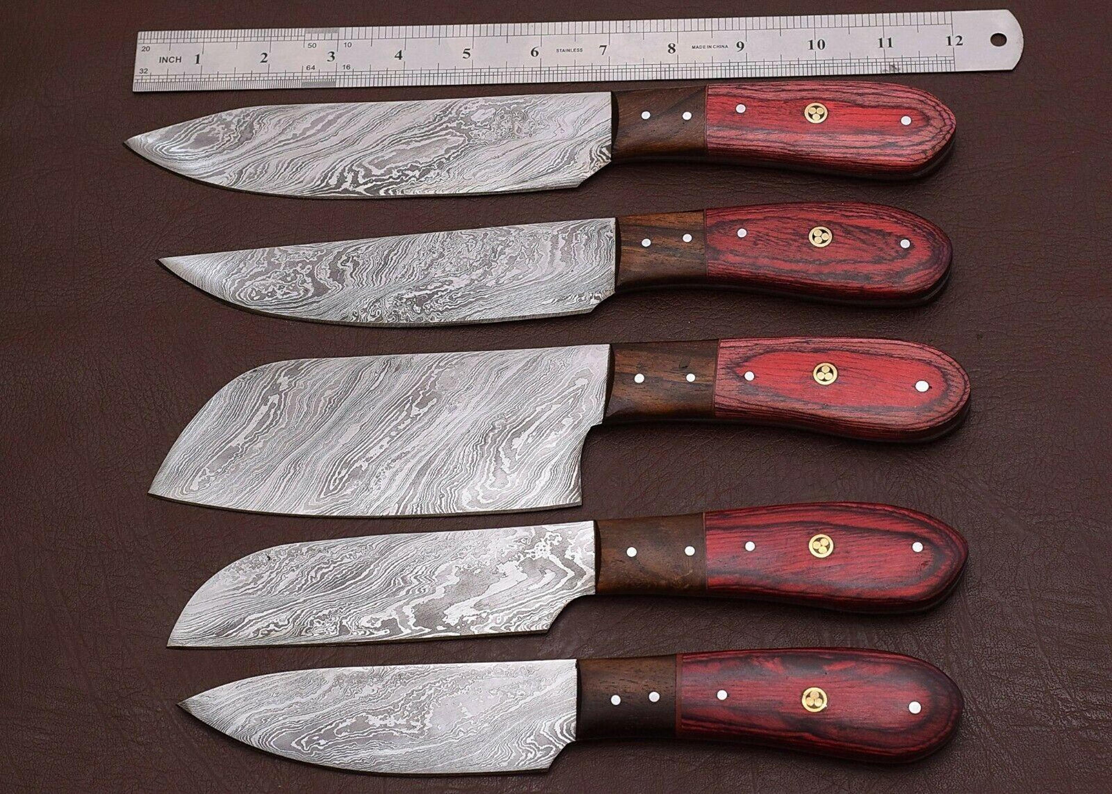 damascus steel kitchen cutlery set | 5pc handmade chef knives with sheath