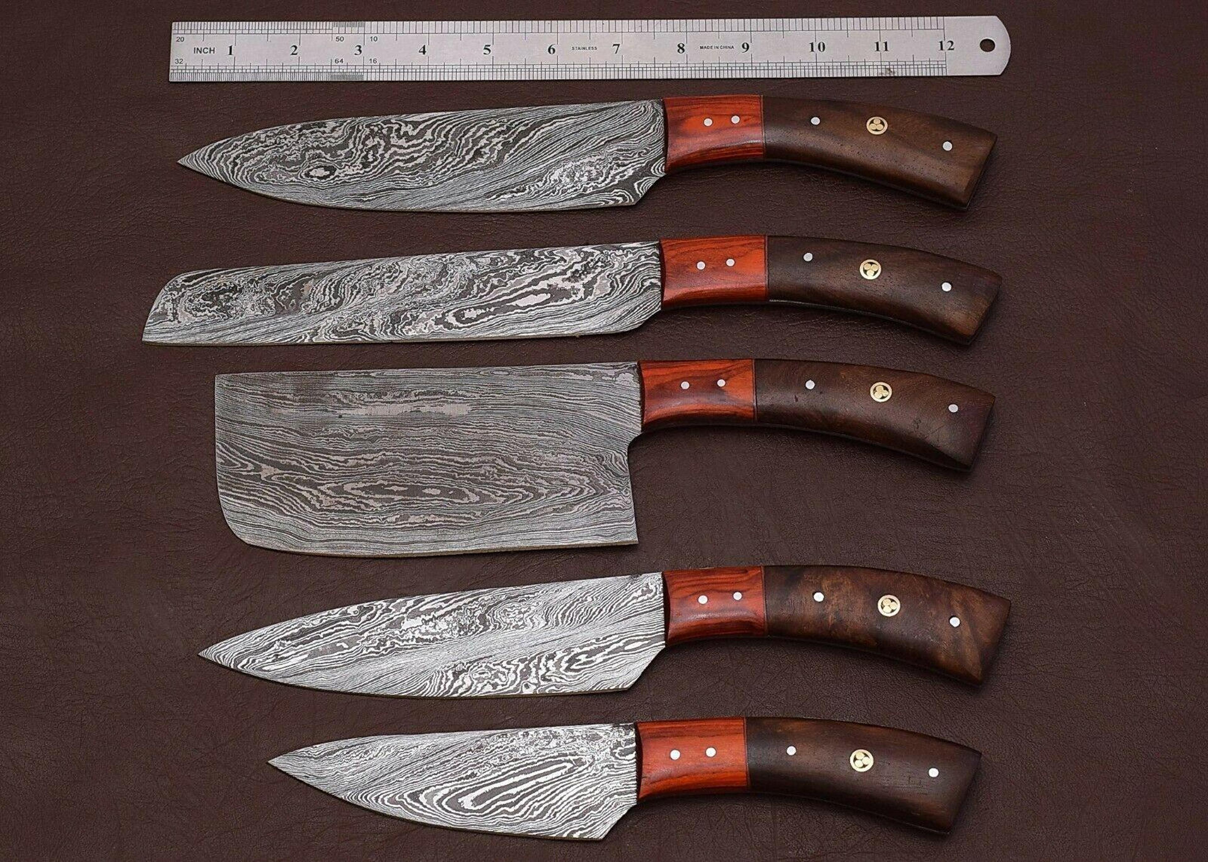 luxury handmade damascus kitchen knife set | 5pc forged chef knives with sheath