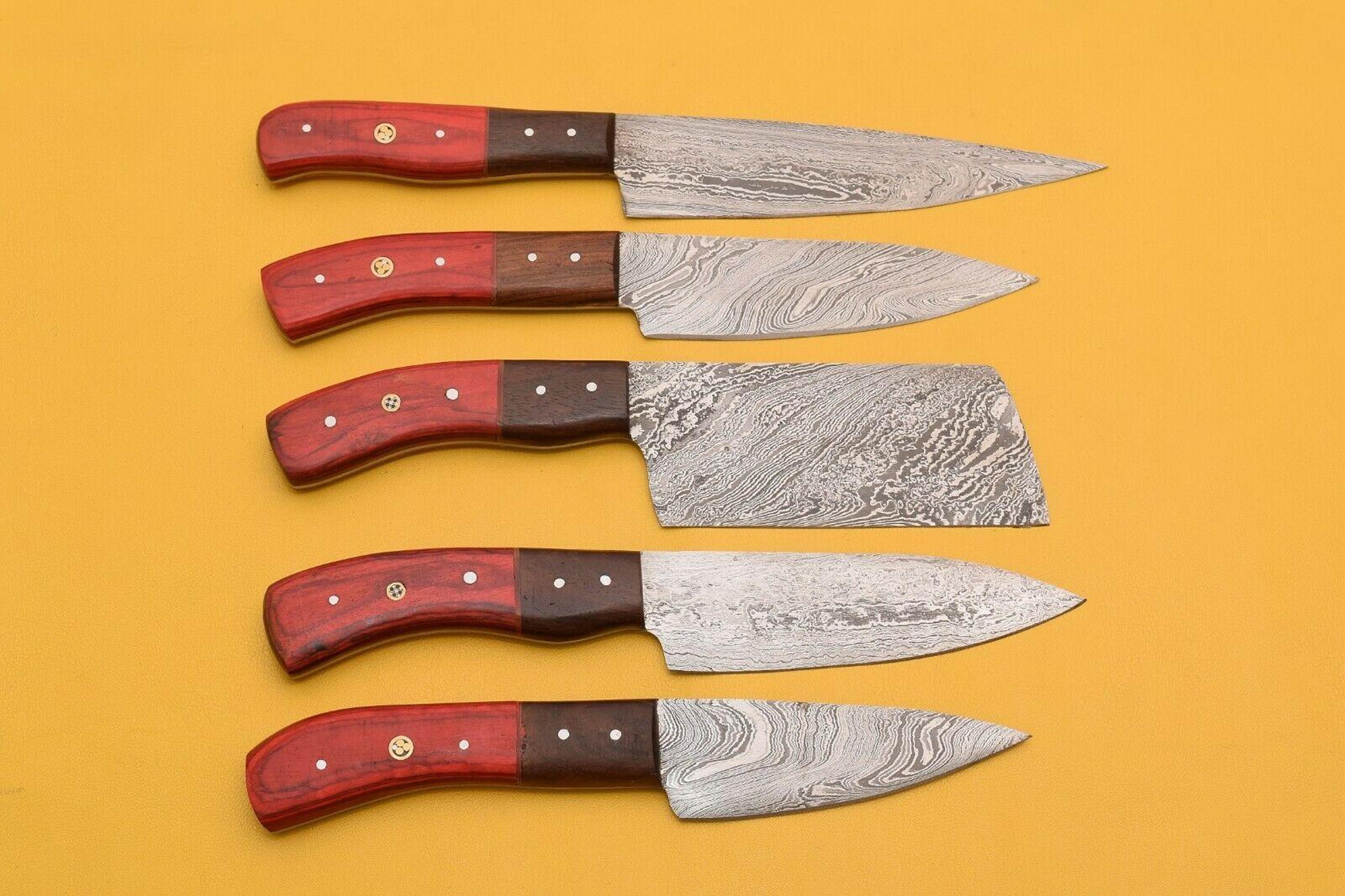 handmade damascus chef knife set lot of 5 | dollar wood handle with leather sheath