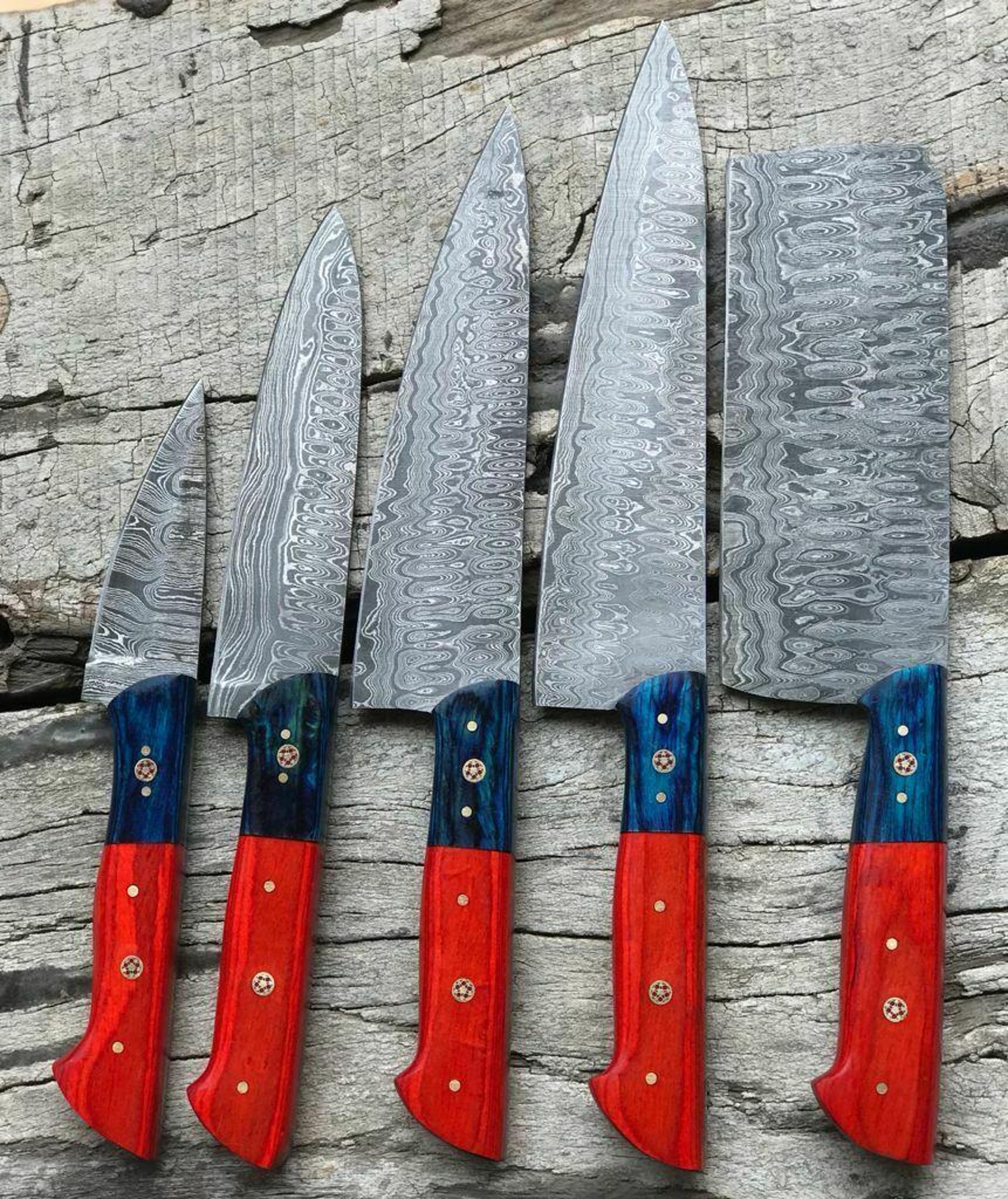 chef knife set damascus handmade lot (5) with dollar wood handles