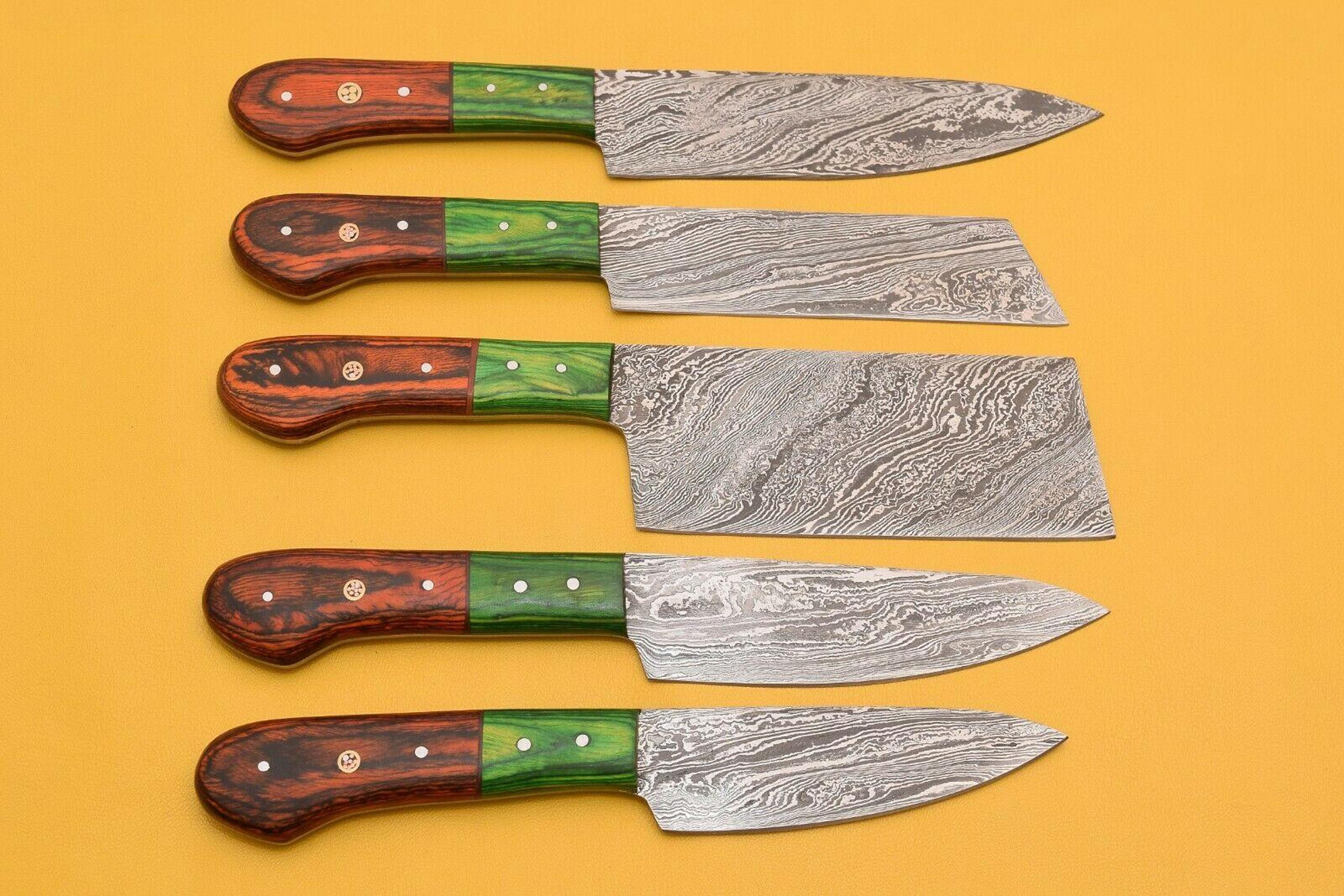 handmade damascus chef set – 5 pc knife lot with dollar wood
