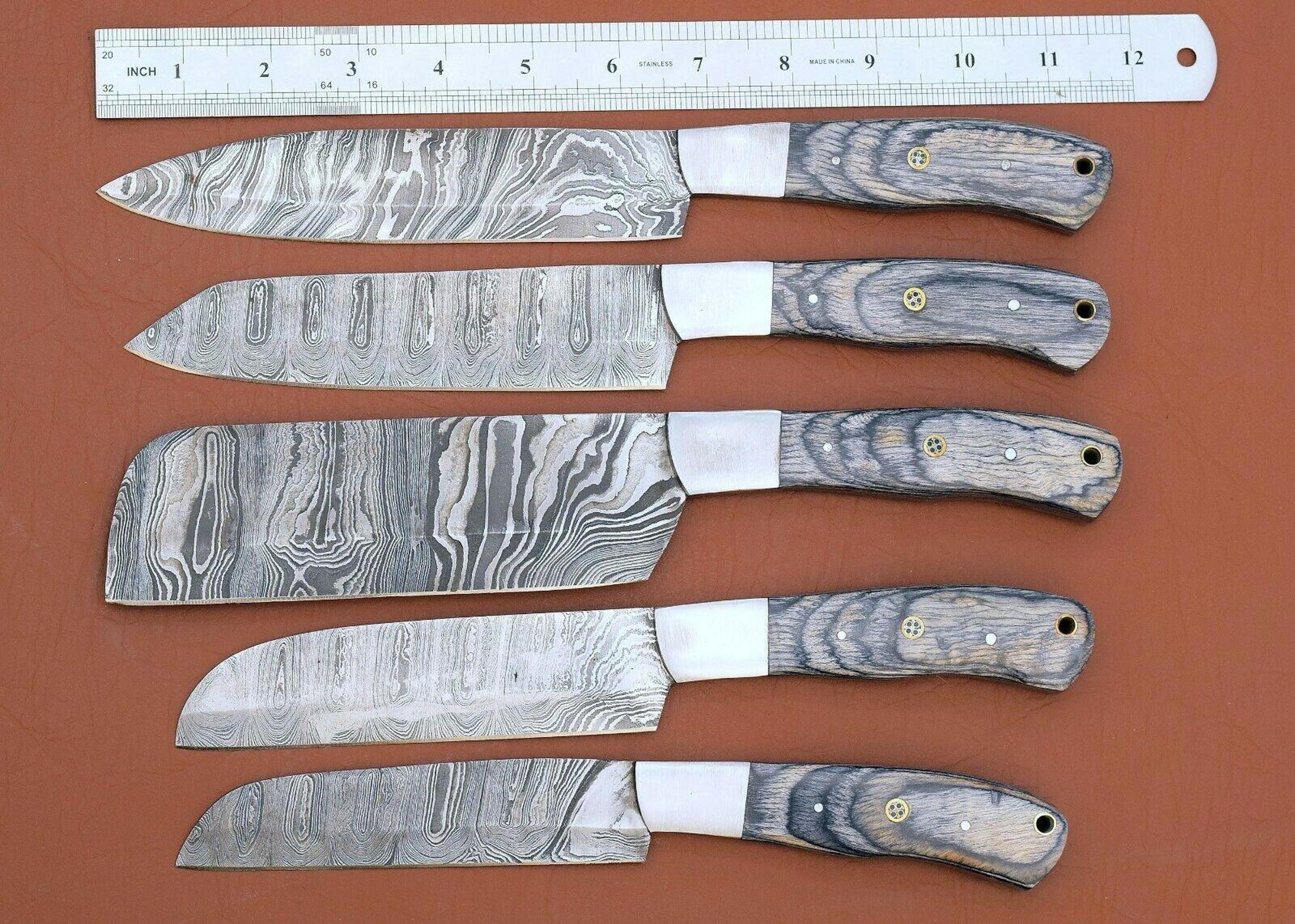 custom handmade damascus kitchen knives | set of 5 dollar wood