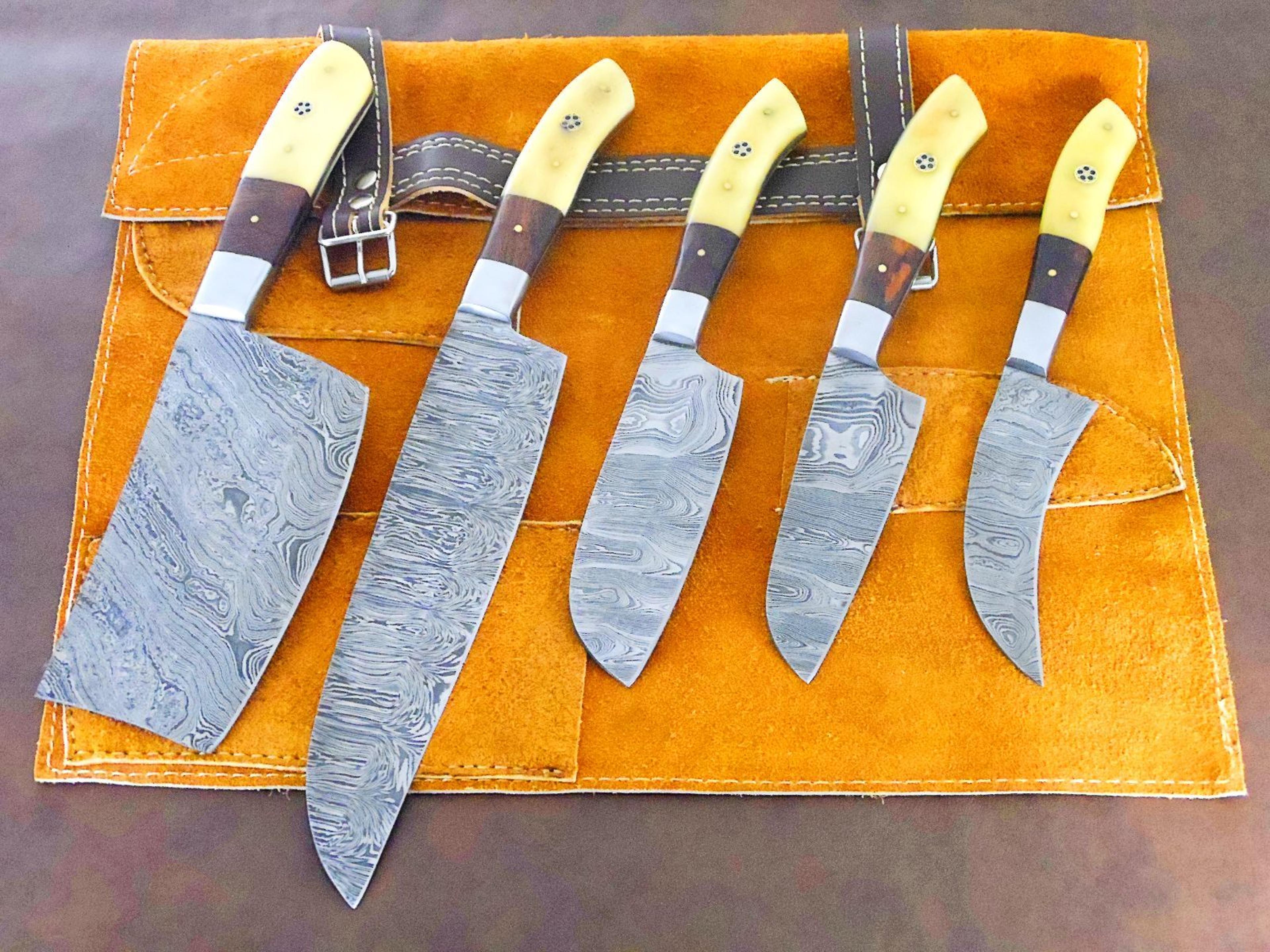 artisan damascus steel chef knife set | 5 pc handmade kitchen knives