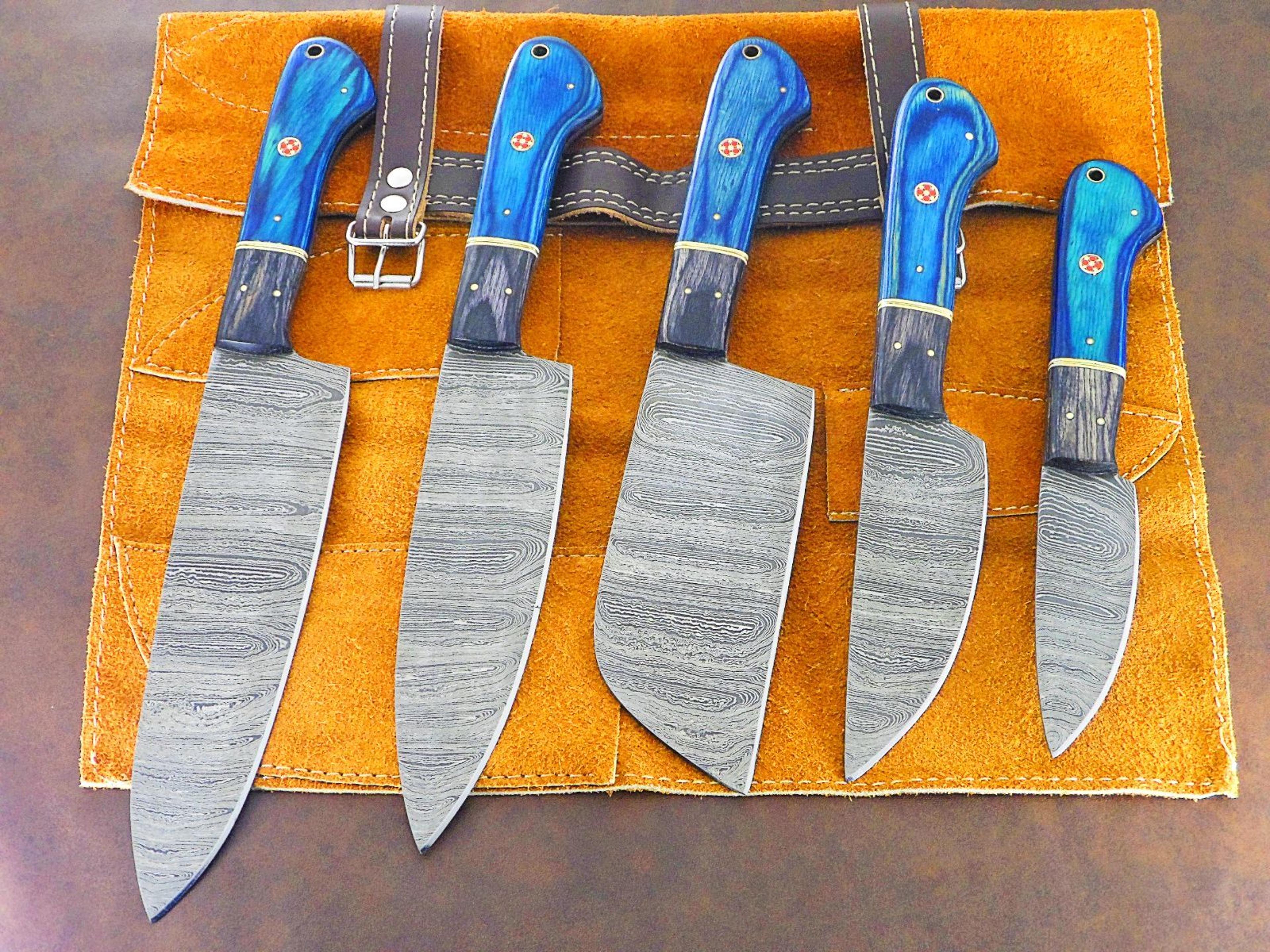 handcrafted damascus steel 5 piece chef knife set with leather sheath