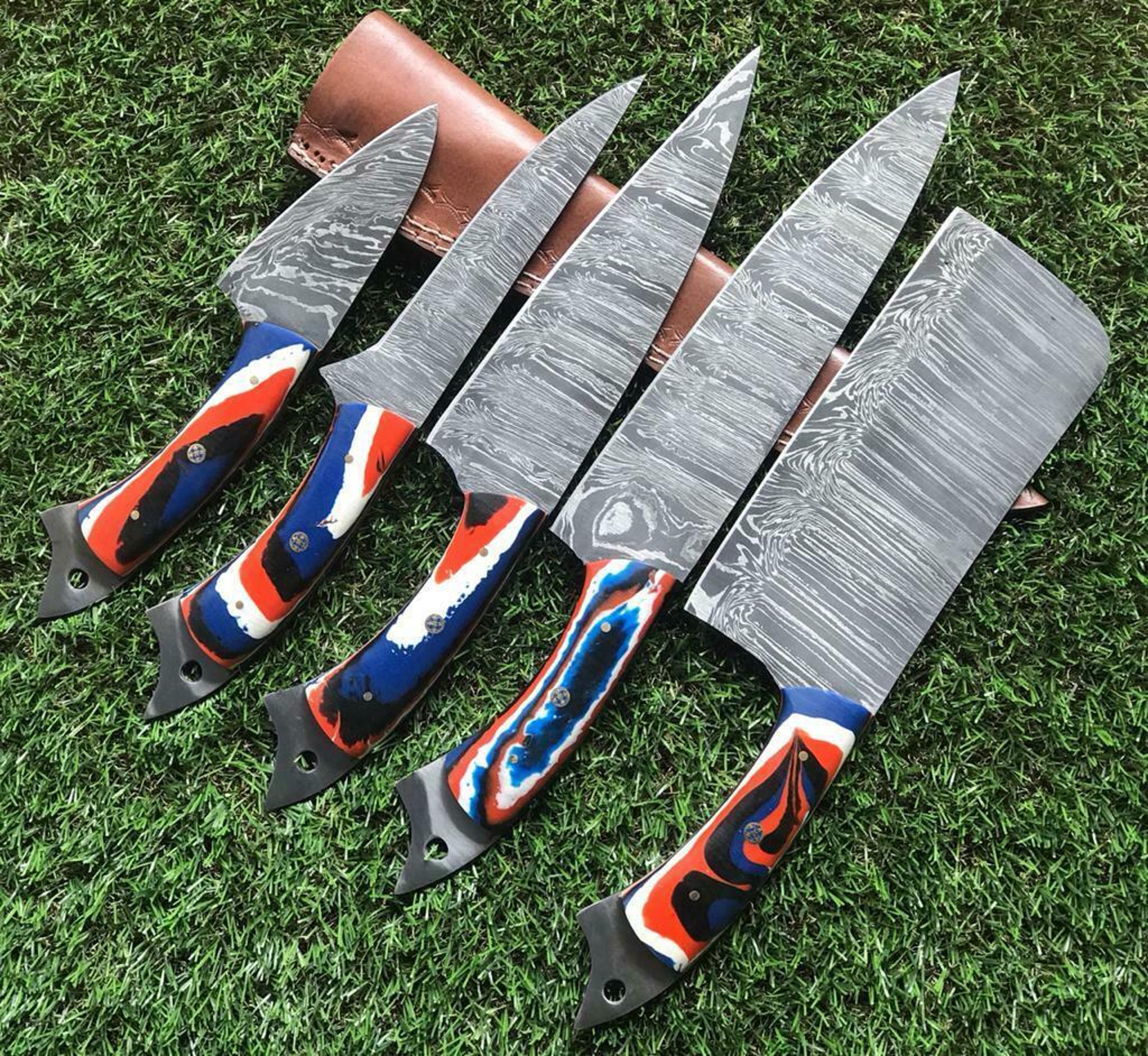 twist pattern damascus steel kitchen knife set | handmade chef knives