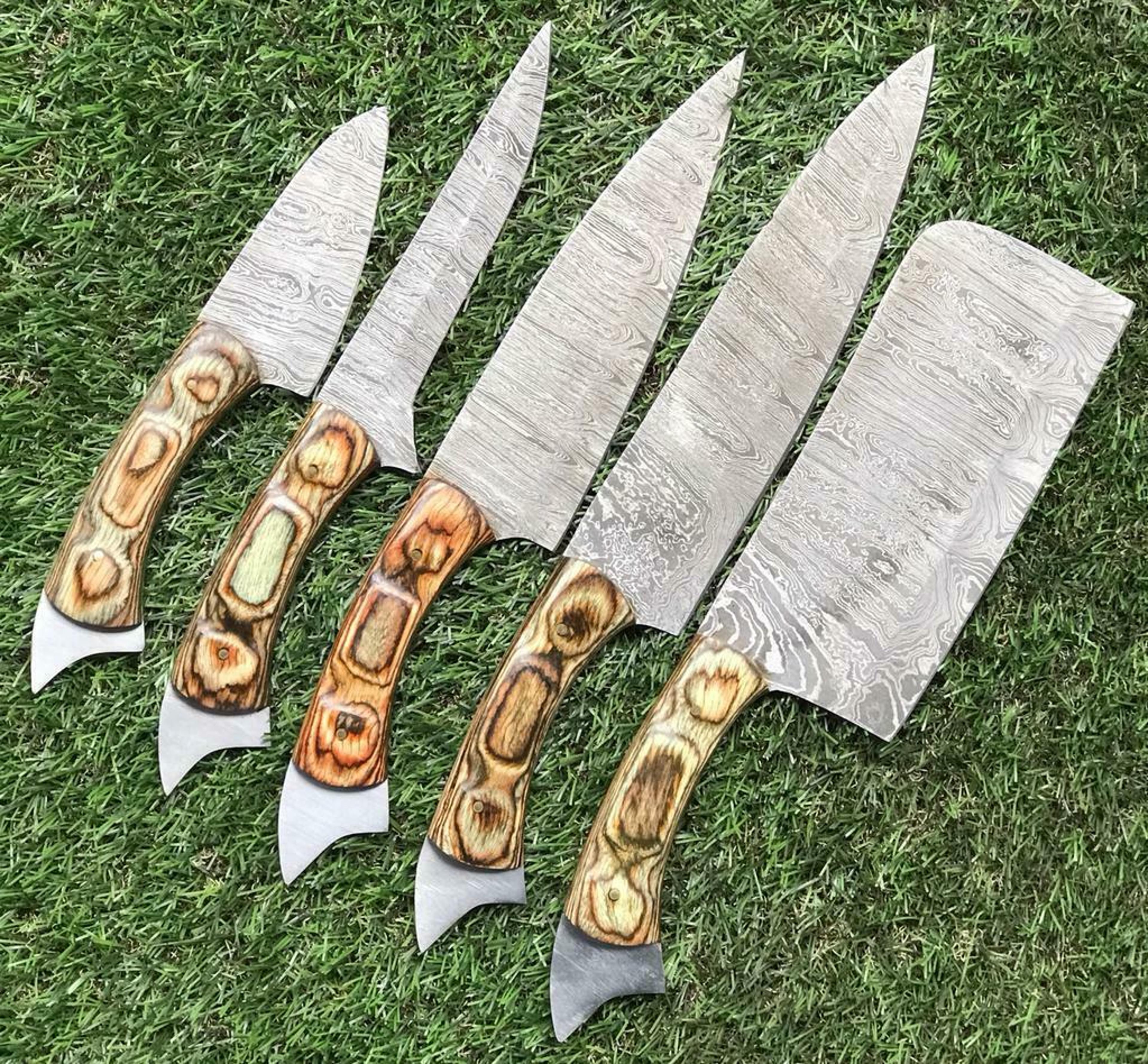custom handmade twist damascus steel chef knife set – 9" to 13" kitchen knives with rosewood handle